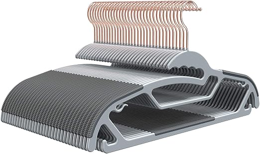 FSUTEG Plastic Hangers Space Saving Clothes Upgraded Rubber Stripe Non Slip Heavy Duty Coat Hanger, 50 Pack, Grey