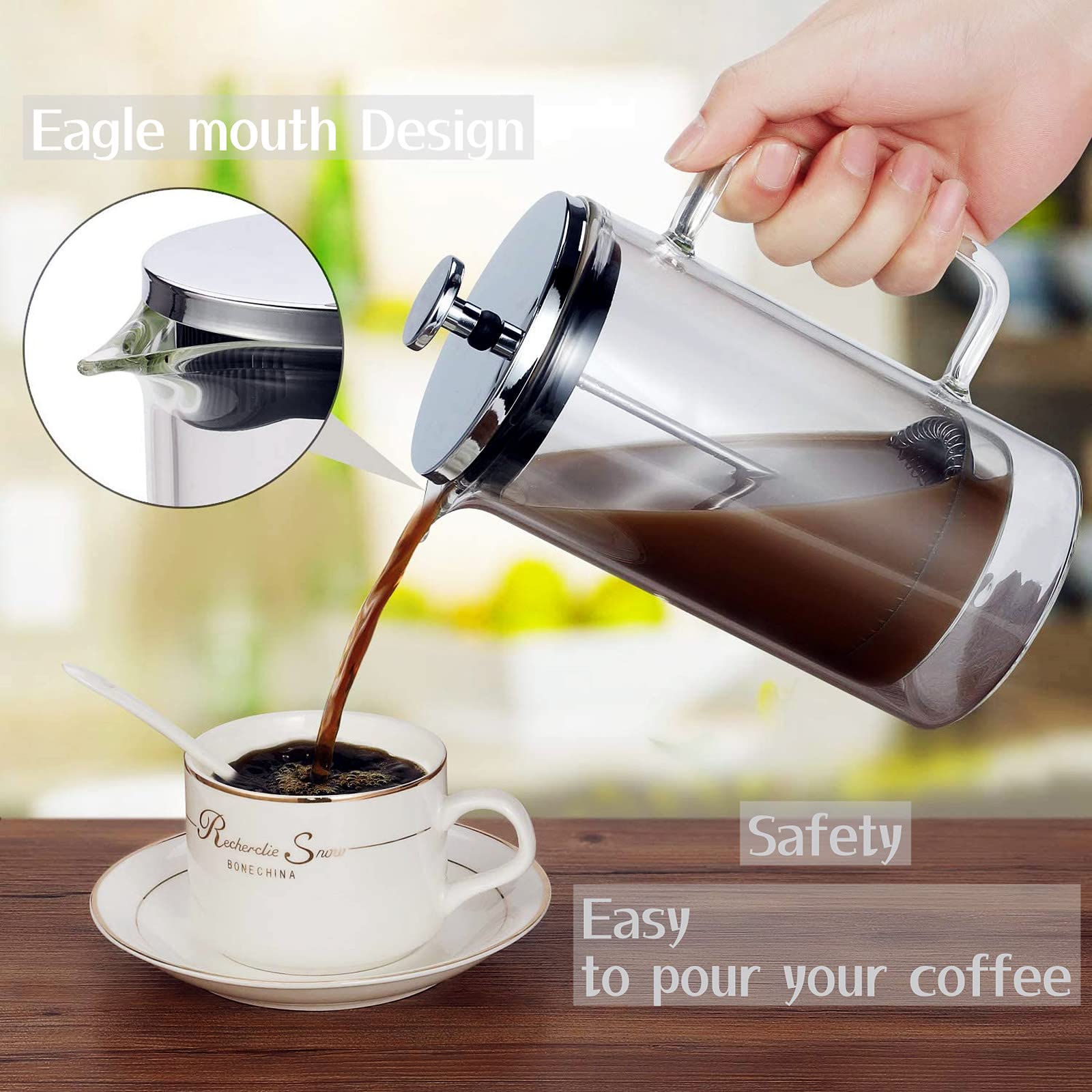 Cafetera de prensa francesa, tetera de doble pared, vidrio de borosilicato, acero inoxidable 304, prensa de café transparente, 600 ml UNNKI