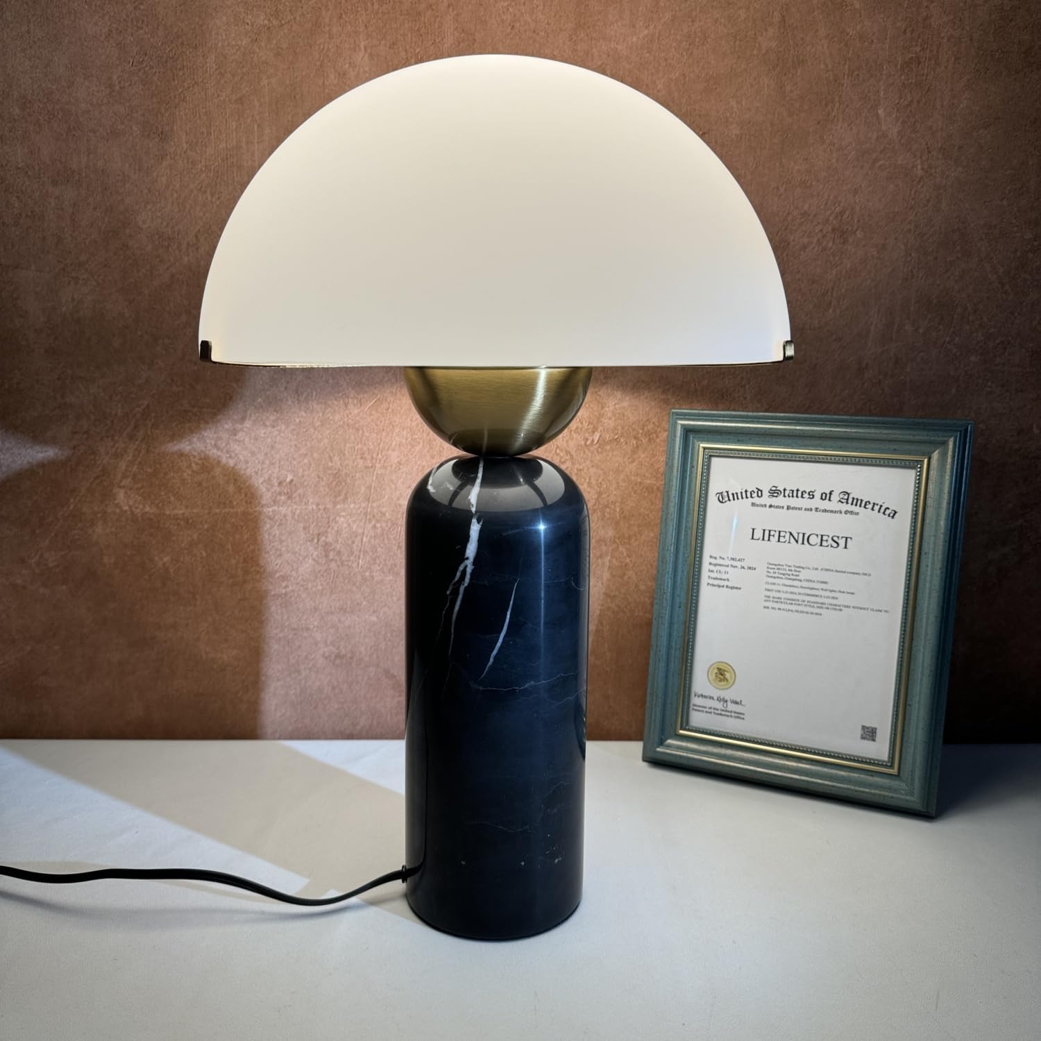 Modern Dome Shaped Table Lamp Mid-Century Accent Lamp Black Marble Desk Lamp Contemporary Living Room Side Lamps Bedroom Bedside Nightstand Light with Frosted Glass Shade