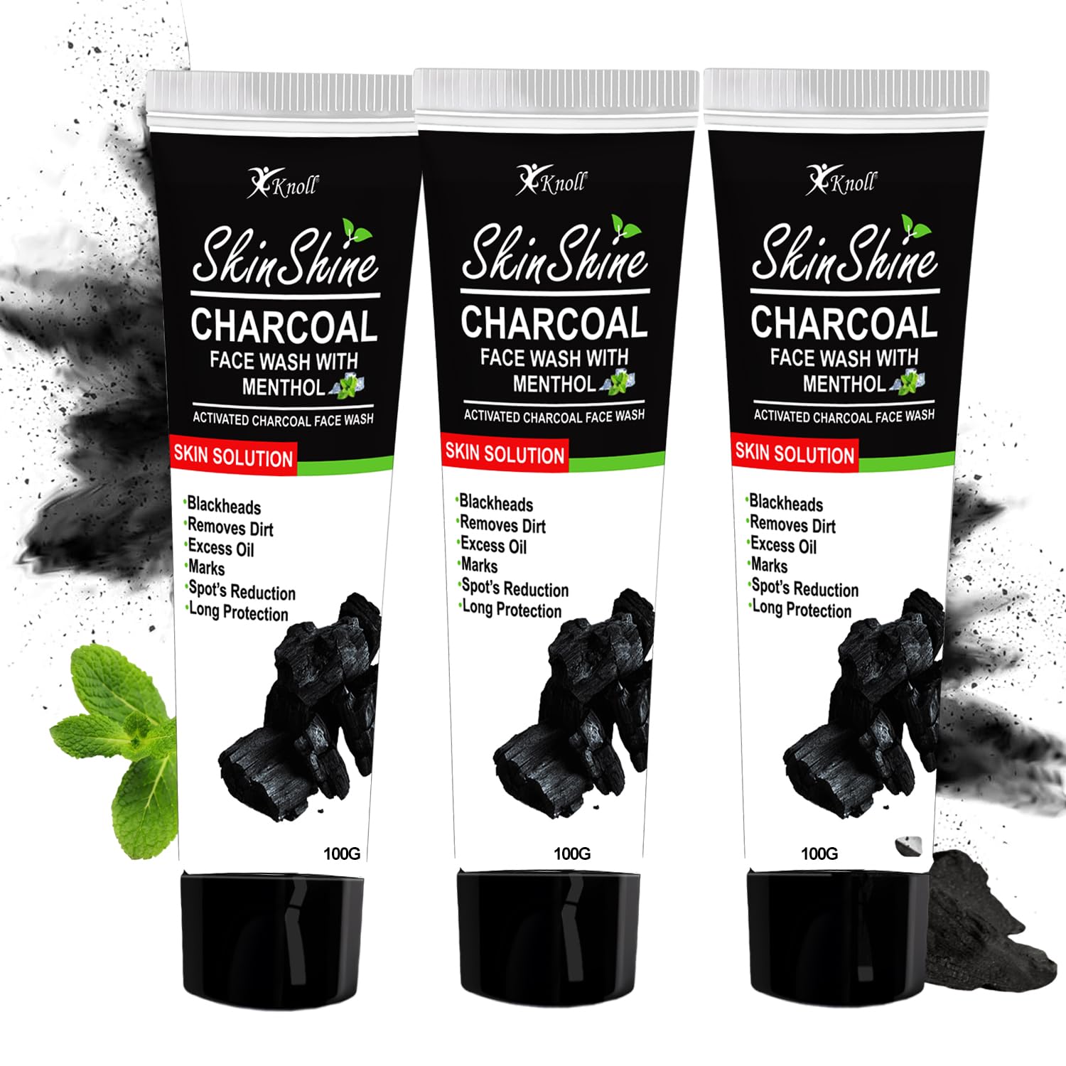 Knoll's Facewash, 100G, For Fresh, Glowing Skin, With Activated Charcoal, Daily Exfoliating & Brightening Cleanser, Pollution Clear Face Wash Tulsi, Neem, and Menthol (Pack of 3)