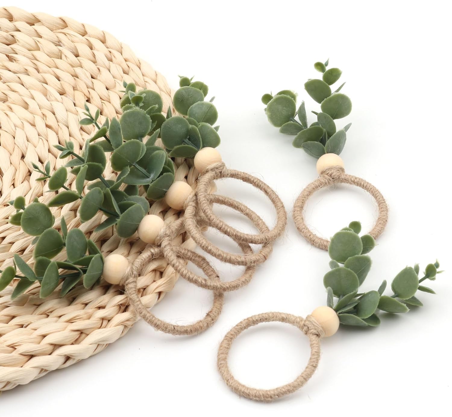 6 Pcs Napkin Rings with Artificial Eucalyptus Leaf Wood Bead Jute Rope for Christmas Farmhouse Wedding Home Dining Table Party Decoration, Napkin Accessories