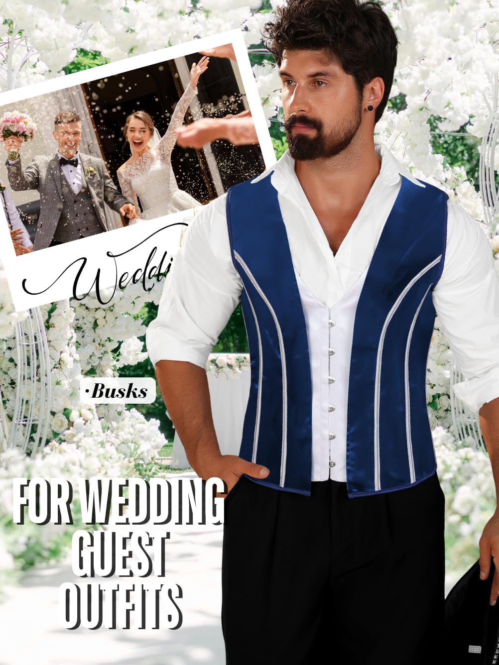 ChiaoLezhee Mens 10 Steel-Boned Corset Vest, Victorian Satin Floral Lace Up Waistcoat, Formal Sleeveless Suit Steampunk Tops