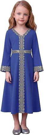 OBEEII Girls Muslim Abaya Ramadan Long Bell Sleeve V Neck Sequins Church Prayer Dress with Belt Islamic Eid Robe Kaftan