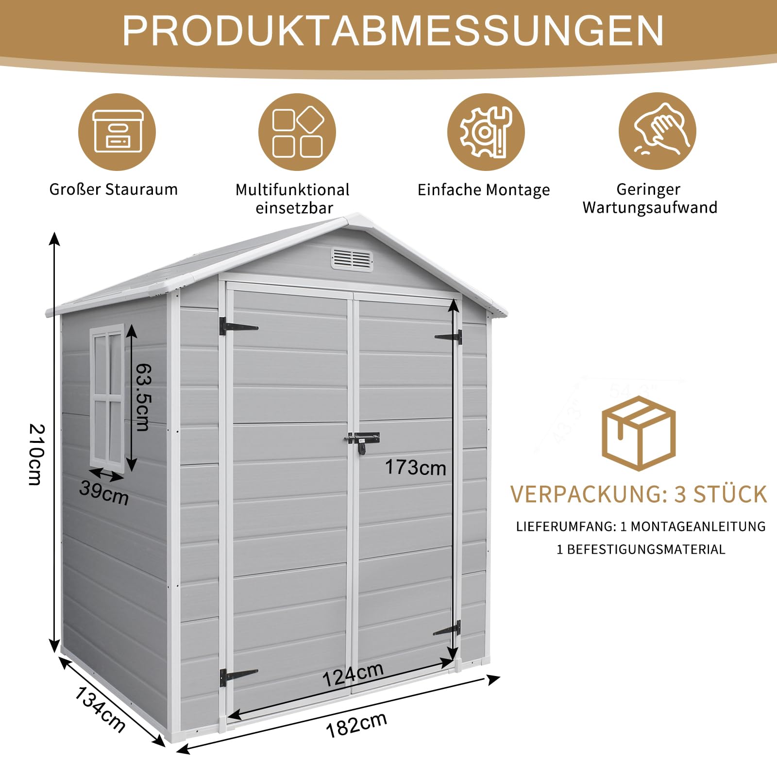 LEADZM Gartenhaus wetterfest 5m³, Kunststoff, Geräteschuppen im Freien, Die Fläche beträgt 2,5 m², 182 x 134 x 210 cm, grau