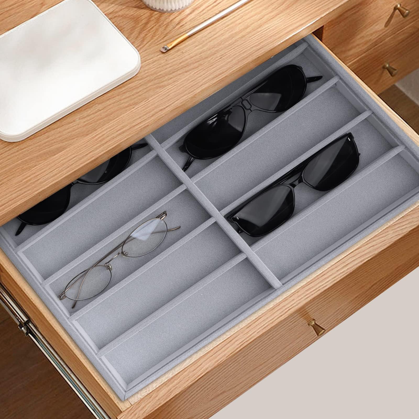 Boîte de rangement de bijoux, 12 grilles peluches douces et boîte de rangement de lunettes de soleil en bois Boîte à lunettes exquise Organisateur d'affichage de bijoux Conteneur pour magasin Bracelet