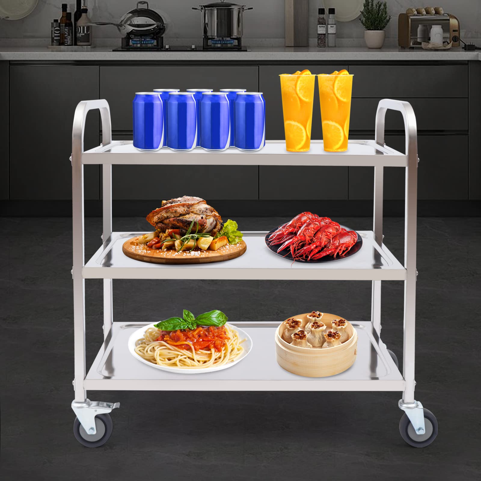 Carrello di servizio a 3 ripiani in acciaio inox, carrello da cucina, carrello per alimenti, carrello con freno, carrello per ristoranti, biblioteche, cucina, soggiorno, camera da letto, 85 x 45 x 90