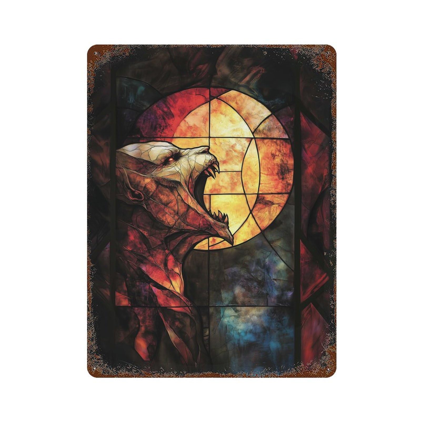 Stained Glass Vampire Rust Effect Tin Sign 15.7"x11.8", Industrial Home Decor for Garage, Bar And Workshop Decor