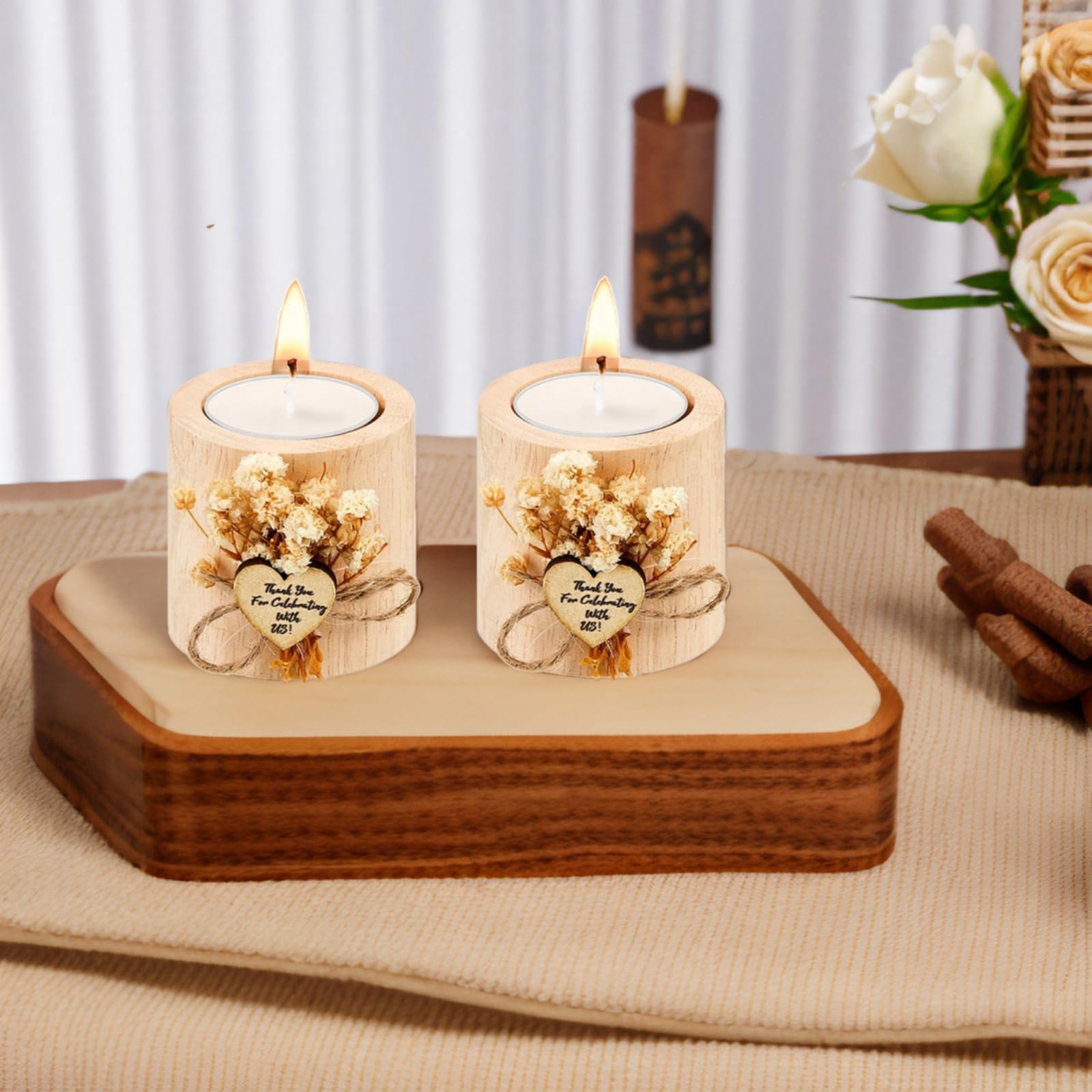 Personalisierte Kerzen, Hochzeitsgeschenke für Gäste, rustikales Holz-Teelichthalter-Set mit Namen und Datum, Dankeschön, Babyparty/Brautparty, Gastgeschenke für Gäste (50 Stück)
