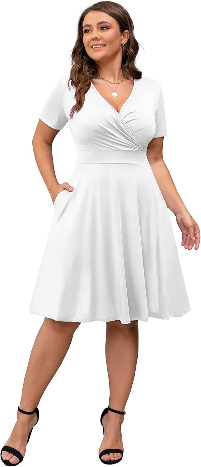 POSESHE Womens Plus Size Dresses Summer Short Sleeve Wrap V-Neck Sundress Casual Wedding Guest Cocktail Dress with Pockets - Image 5