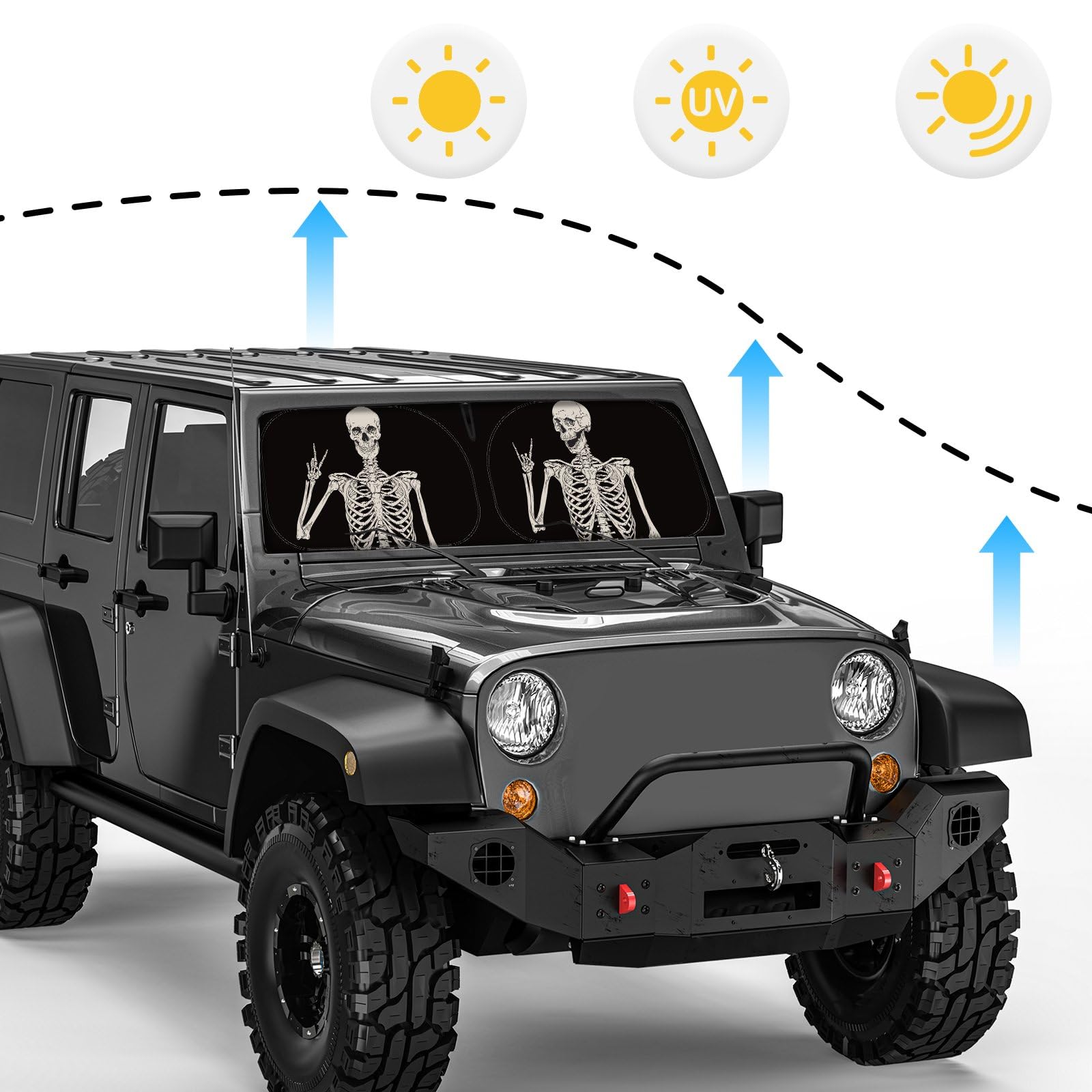 DaisyInner Parasol para parabrisas compatible con Jeep JK JKU JL JLU 1997-2023 y compatible con JT 2020-2023, visera plegable que bloquea los rayos UV (negro blanco, esqueleto)