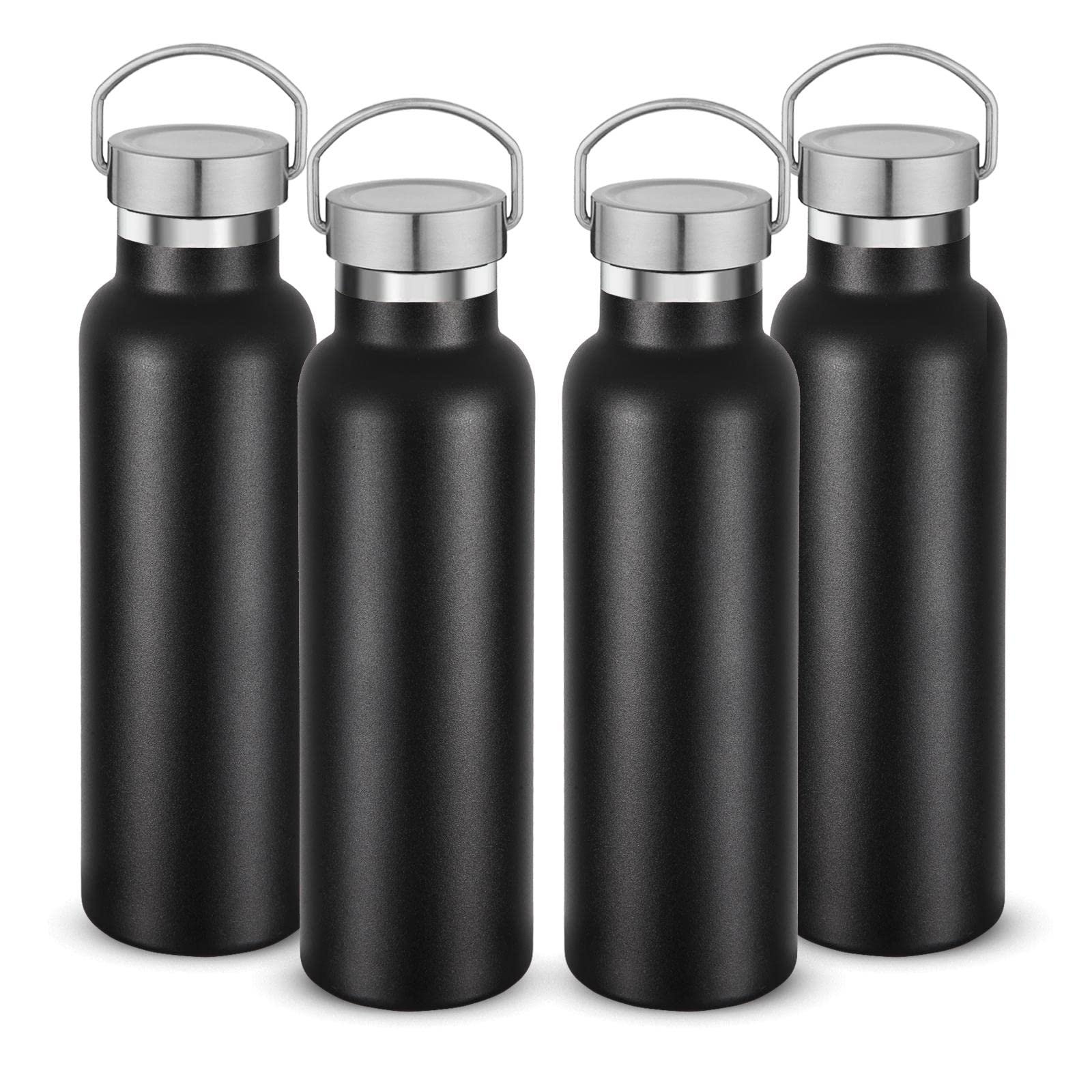 Volhoply 600ml Bottiglia in Acciaio Inox con Manico 4 Confezioni, Borraccia Termica Isolata Senza BPA, Bottle a Doppia Parete, Bottiglie Sportive per Bambini,Scuola,Lavoro(Nero, 4 set)