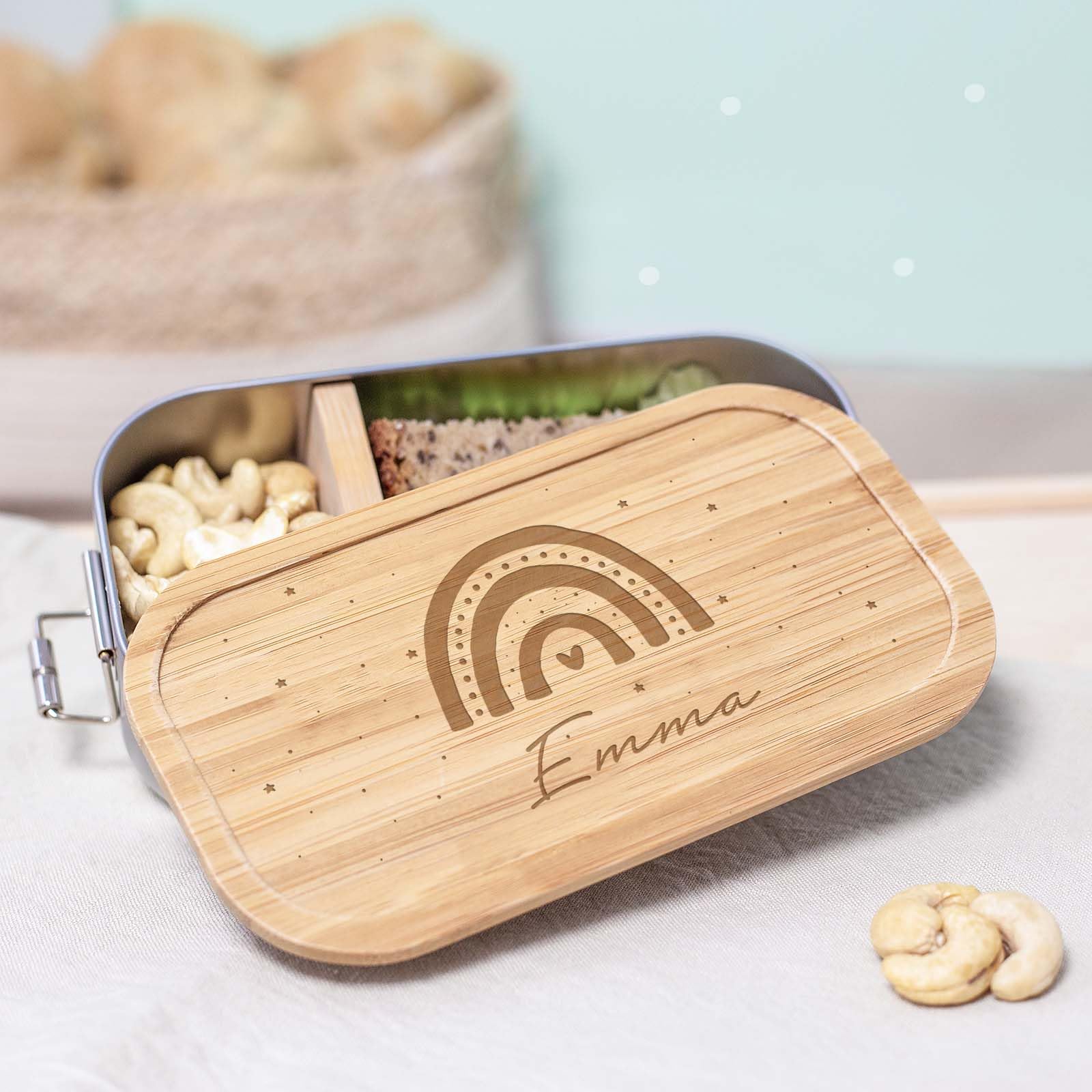 hellomini Lunchbox & Trinkflasche Bambus personalisiert | Geschenk zur Einschulung für Kinder | Isolierflasche Edelstahl & Brotdose mit Namen (Regenbogen)