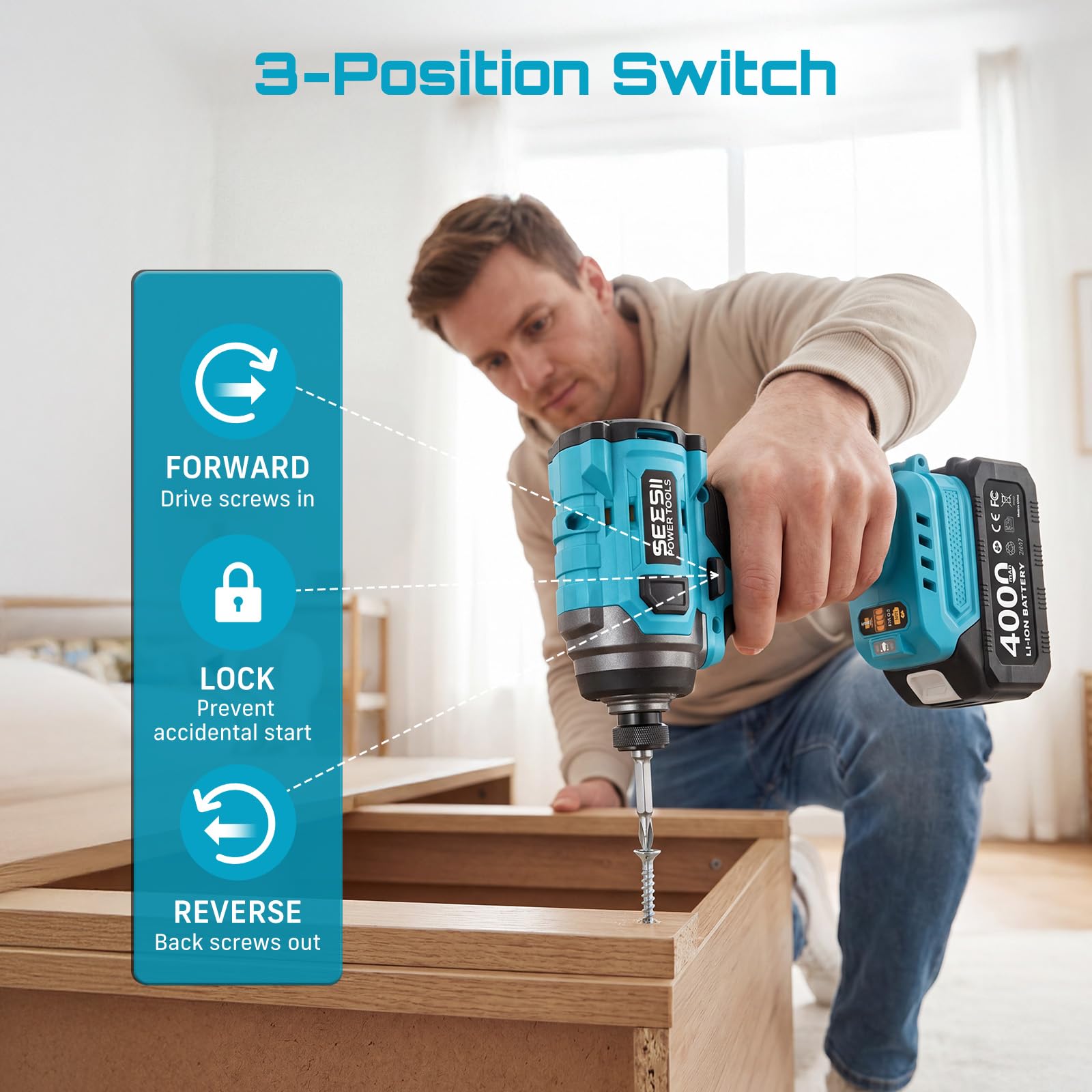 Seesii Impact Wrench 665 FT-LBS(900N.m) 3300IPM 1/2 Impact Gun High Torque Electric Impact Driver Cordless Impact Wrench with 21V 2x4.0Ah Battery 6 Sockets&Case for Home Car Tire Lug Nut Removal Tool product image 16