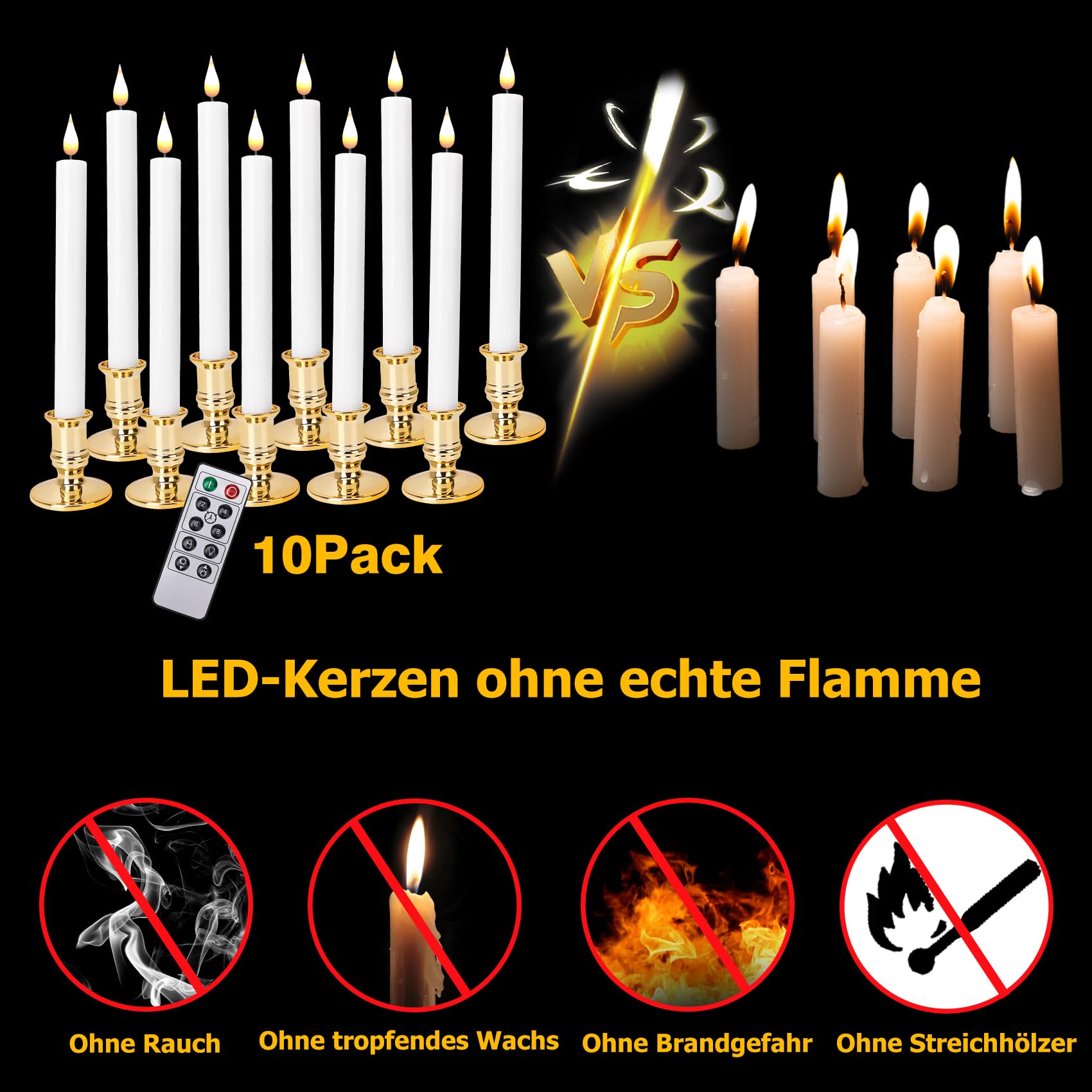 beek Candele a LED per finestra senza fiamma con telecomando, set da 10 candele a stelo a batteria, con portacandele dorate rimovibili, ideali come decorazione natalizia, luce di nozze