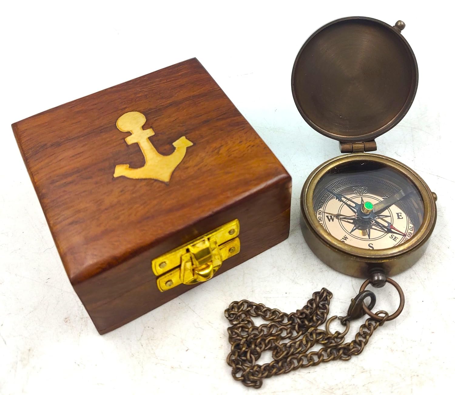 Personalized Brown Pocket Compass Chain with Wood Box Brass Nautical Birthday Gift for Your lovedones