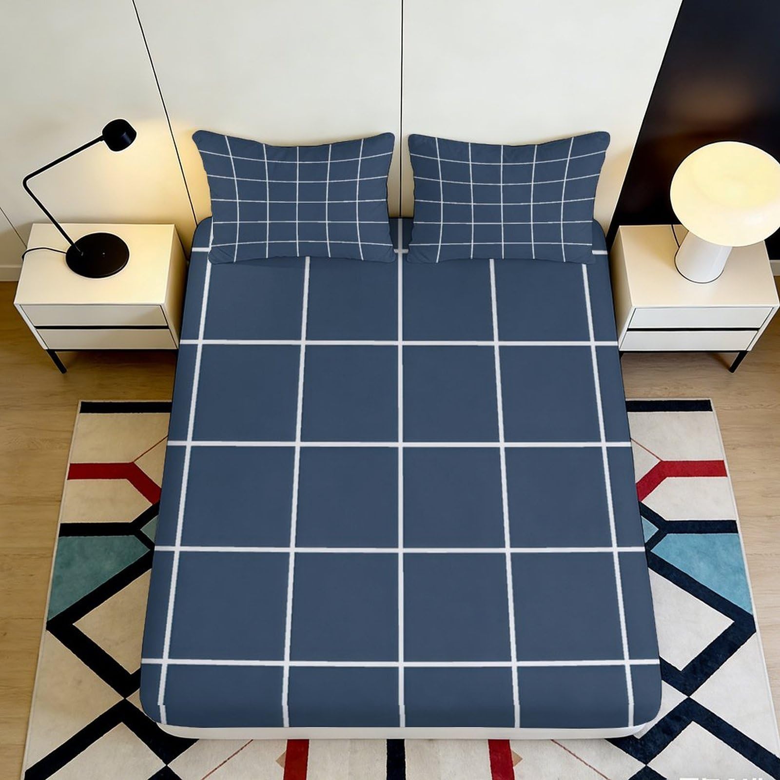 3D Printed Navy Grid Fitted Sheet Microfiber Soft Breathable Plaid Bed Cover for Bedroom Dorm Mattress Protection Decor 90x200x25cm