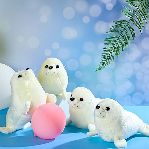Sosation Juego de 4 piezas de animales de peluche con sello de peluche de foca gordita blanca, lindo sello de almohada de abrazo, juego de juguetes