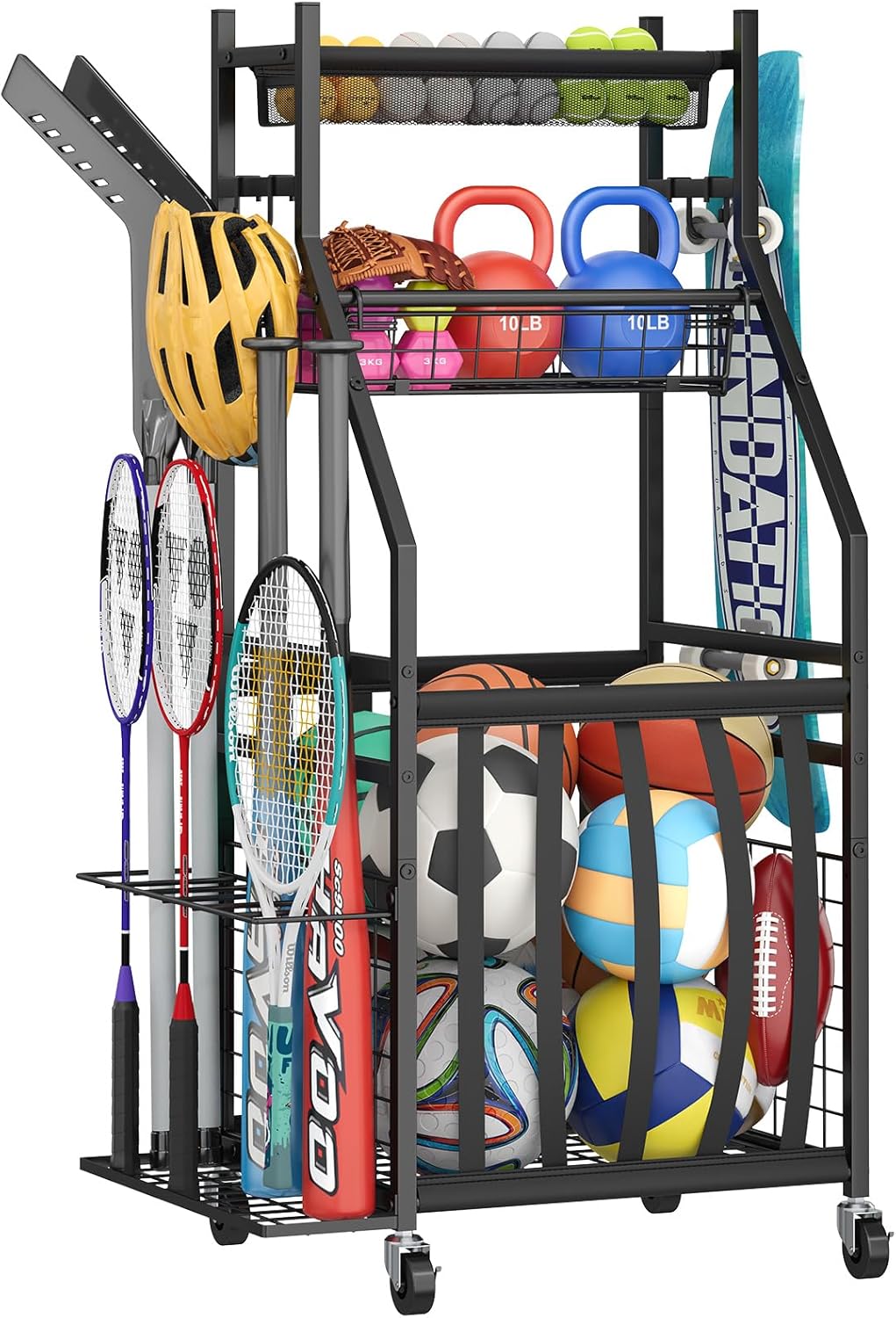 Sports Equipment Garage Organizer,Garage Ball Storage Rack with Elastic Straps,Small Rolling Ball Holder Cart with Wheels for Sports Gear,Indoor/Outdoor Toy Storage with Hooks and Baskets,BK