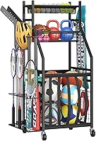 LUMAMU Garage Ball Storage Rack with Elastic Straps & Wheels - Sports Equipment Organizer for Balls, Bats, Toys Indoor/Outdoor