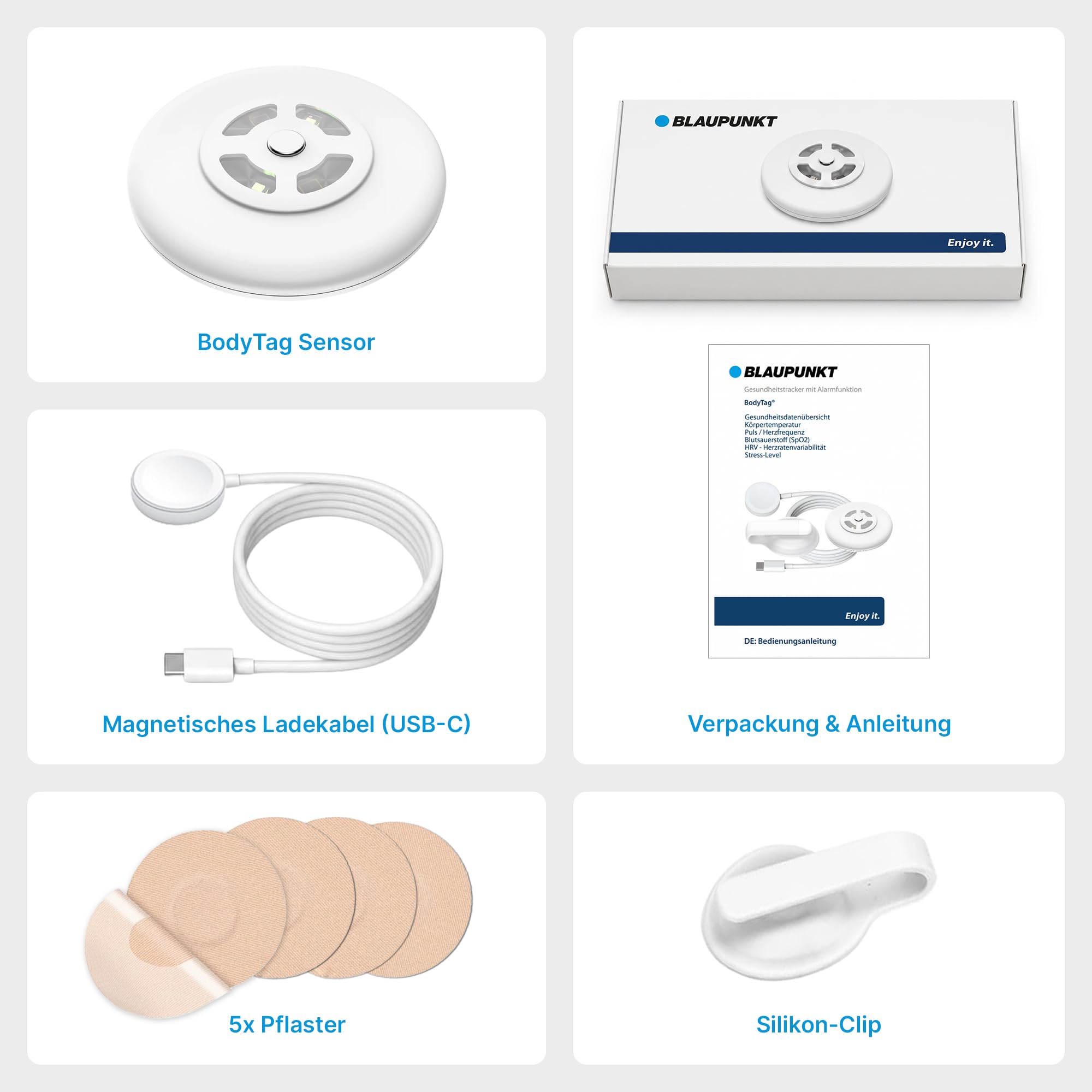BLAUPUNKT [Test SEHR GUT, Note 1.0 BodyTag Gesundheitstracker mit Fieberthermometer & Alarm für Senioren & Erwachsene, Pflege Zubehör, Alternative zu Gesundheitsuhr & Armband
