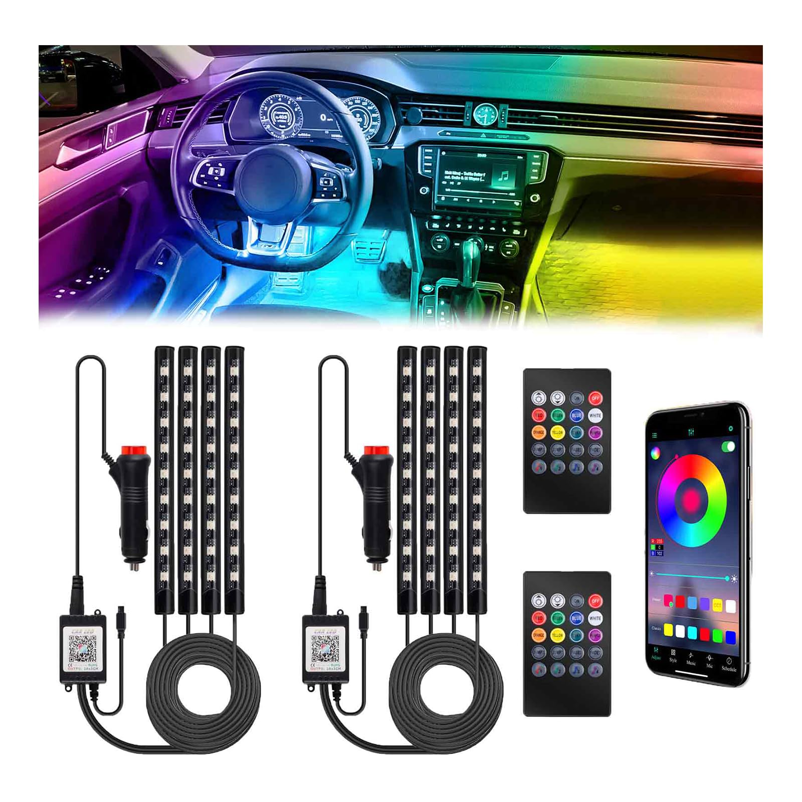 BFXM Car Interior Lights, 12V LED Strip Lights with Cigarette Lighter Adapter, Ambient Lighting Car Accessories, App & Remote Control Music Sync Color Change Lights for Truck Car- 2 Set Cigarette Lighter Adapter*2 (36LED Beads)