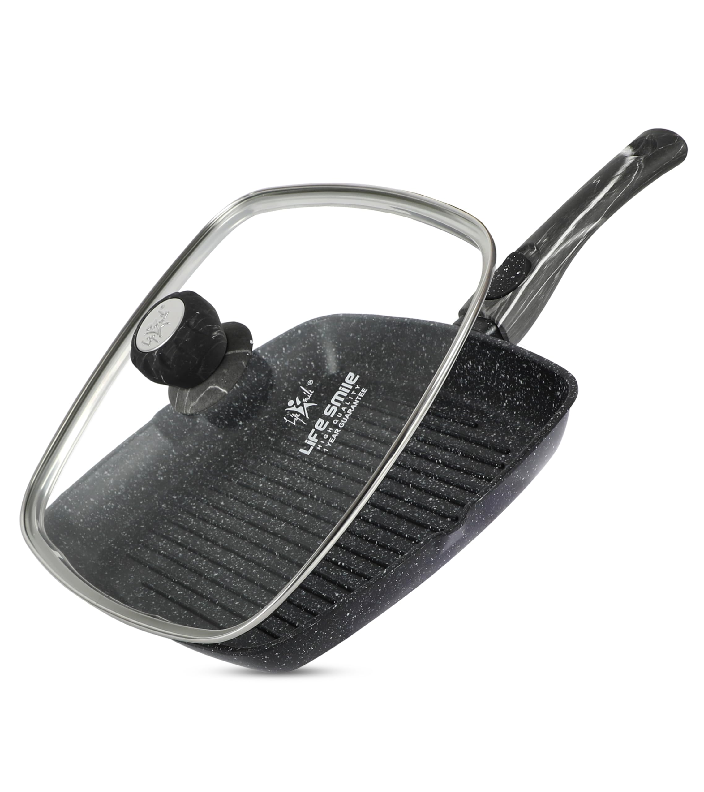 LIFE SMILEgrill pan Non-stick Granite Coating with lid | Oven Safe | versatile grilling pan with drop opening, Skillet large surface,100% PFOA free (Black Bakelite Knob, 28 CM Detachable Handle)
