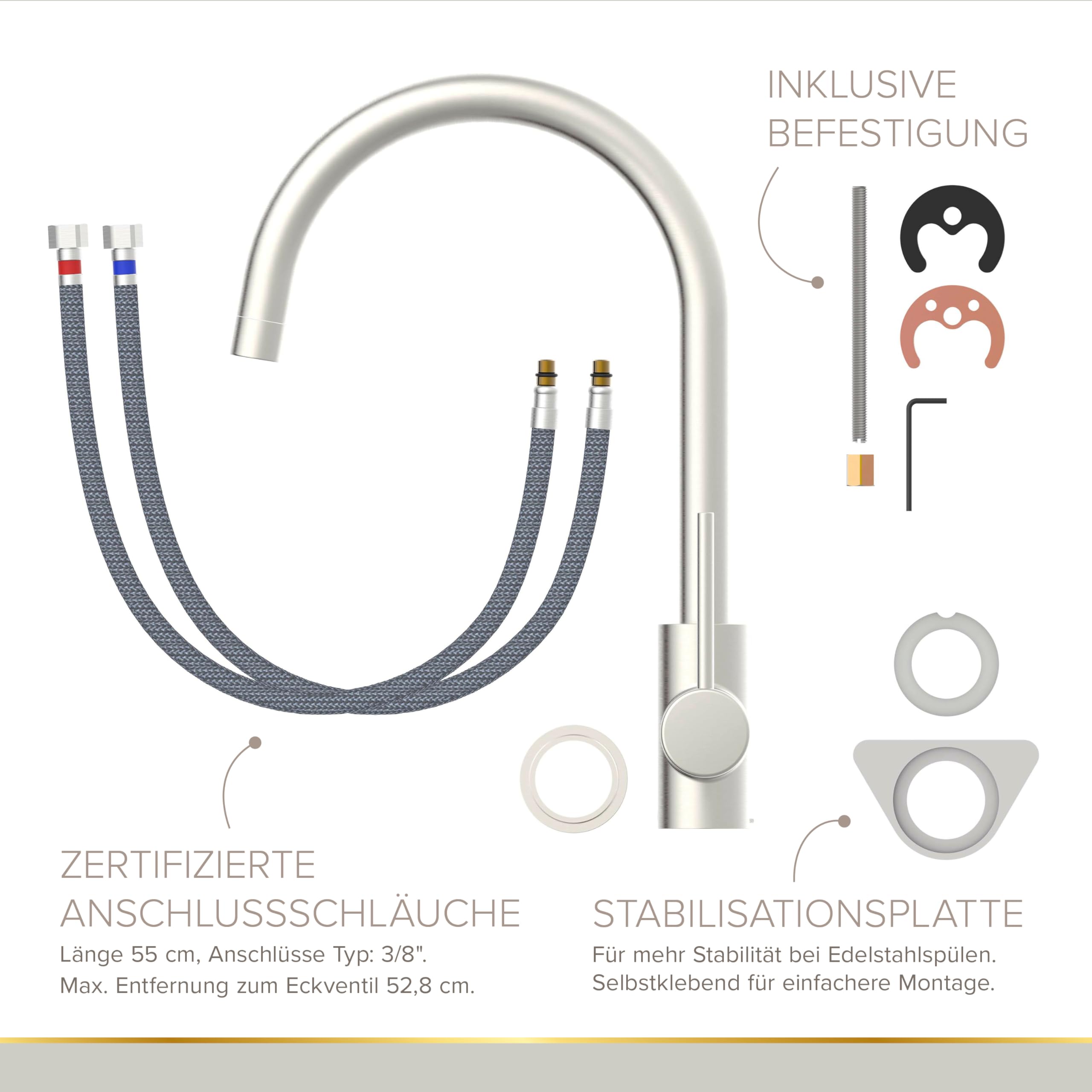 Lenz Lio 42030011 - Grifo de cocina (acero inoxidable, con función de ahorro de agua de 2 niveles, caño alto y giratorio 360°, superficie antihuellas, altura de 36 cm)