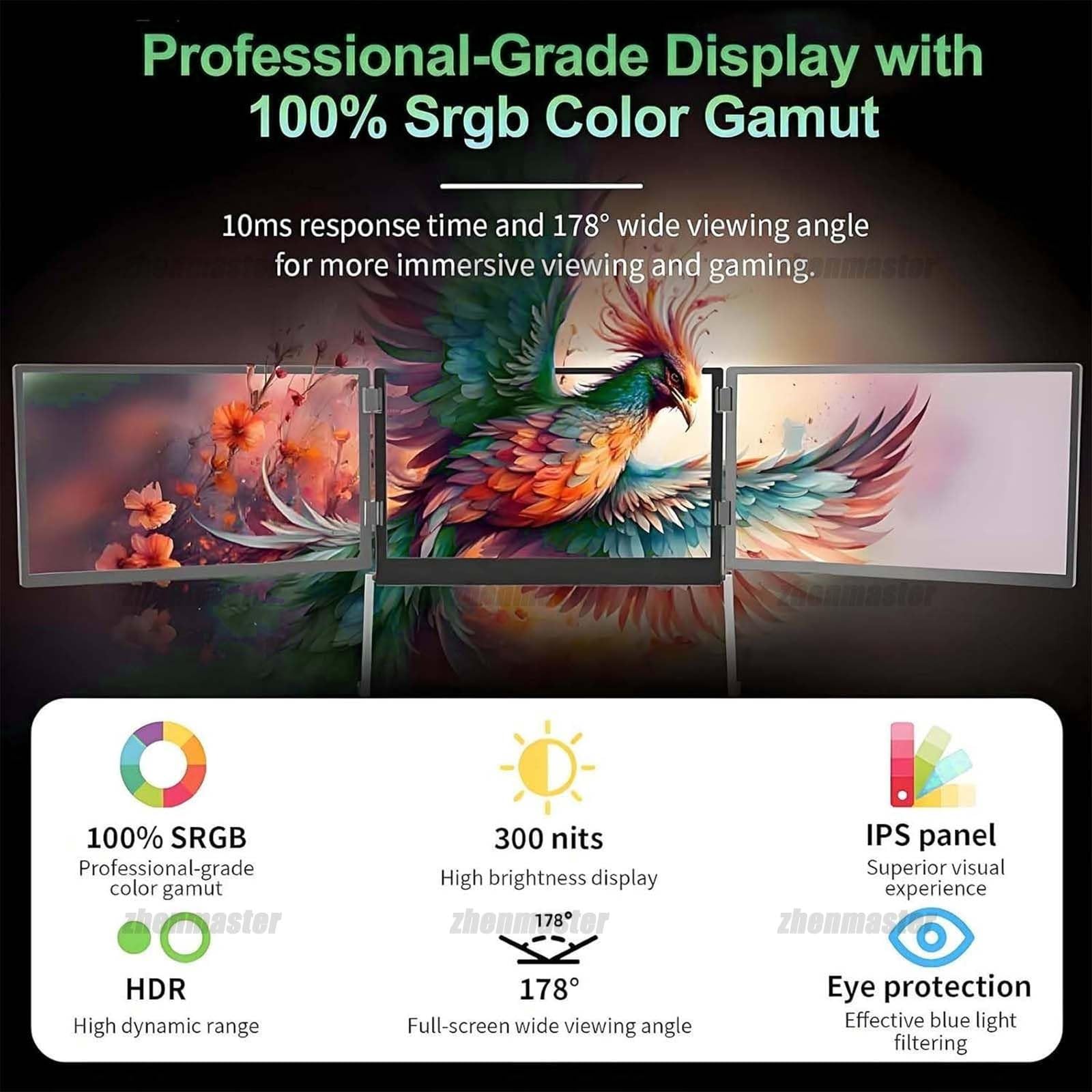 Estensore Monitor Triplo Portatile Da 15,6”, Estensore Monitor Triplo 1080P FHD Per Laptop, Monitor Portatile Per Notebook Con Rotazione A 360° E Angoli Di Visuale Regolabili
