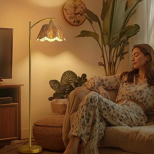 Miniatura 8 de Oneach Lámpara de pie de arco para sala de estar, lámpara de pie bohemia de ratán con pantalla de mimbre tejida a mano, interruptor de pie, base y