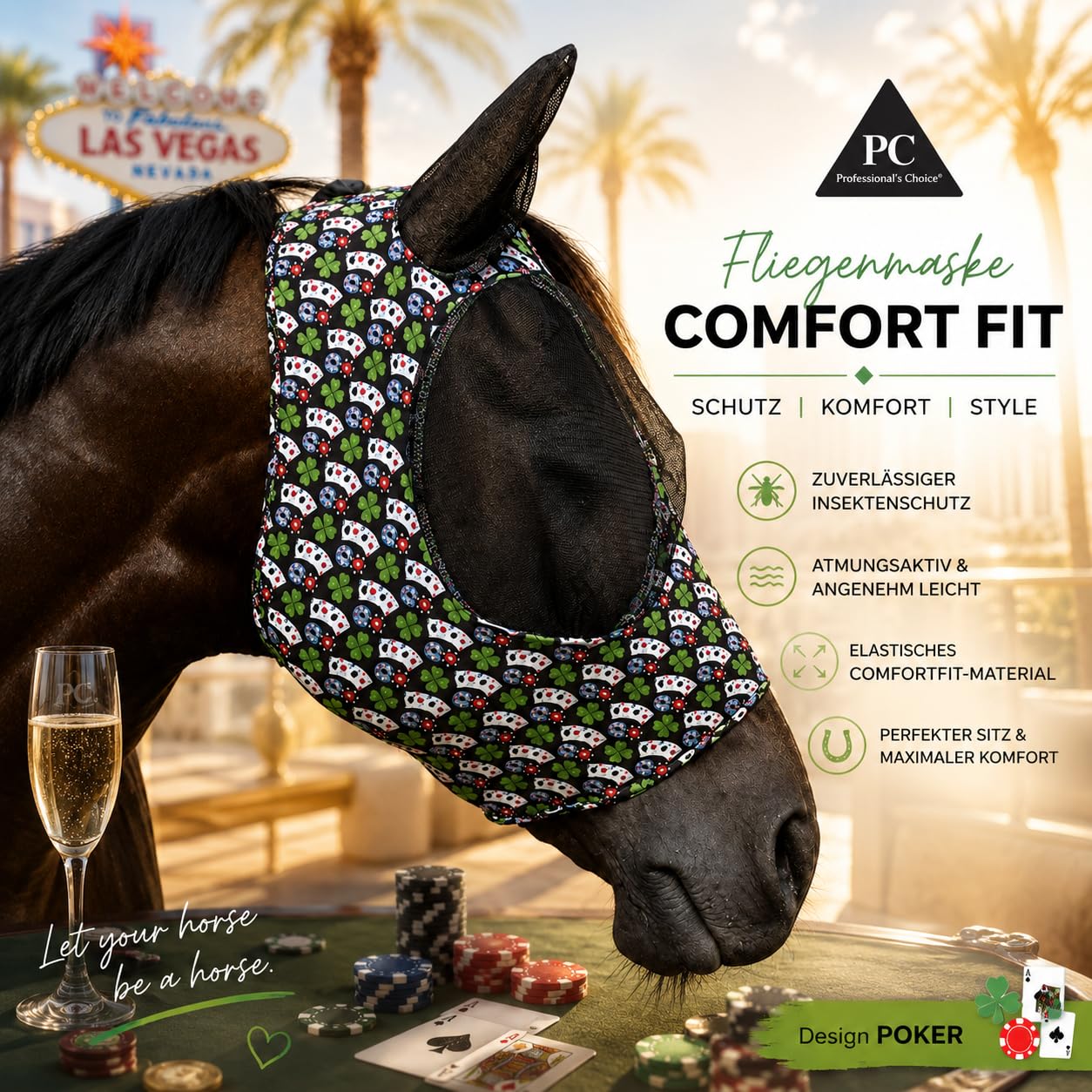Fliegenmaske Pferd ohne Klett – enganliegend & rutschfest – mit Ohrenschutz – Comfort Fit Poker Design Größe M (Cob/Vollblut)