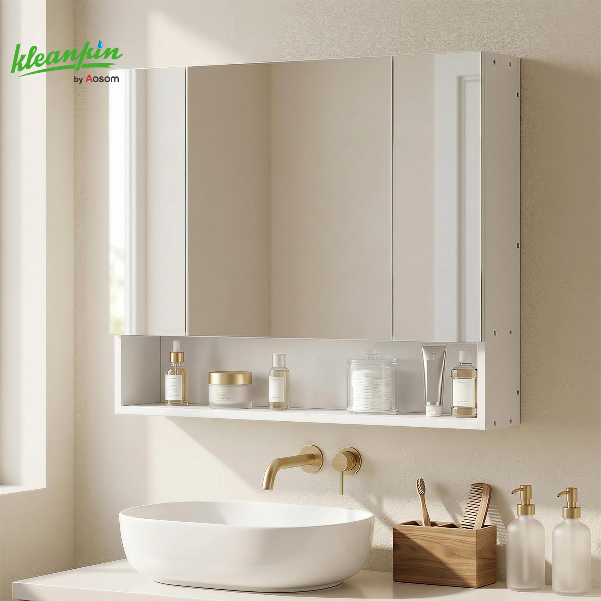 kleankin Armoire Murale Salle de Bain avec Miroir, 90 x 15 x 75 cm, Meuble Salle de Bain, Armoire de Toilette avec 3 Portes Miroir, Compartiment Ouvert et étagères réglables, Blanc