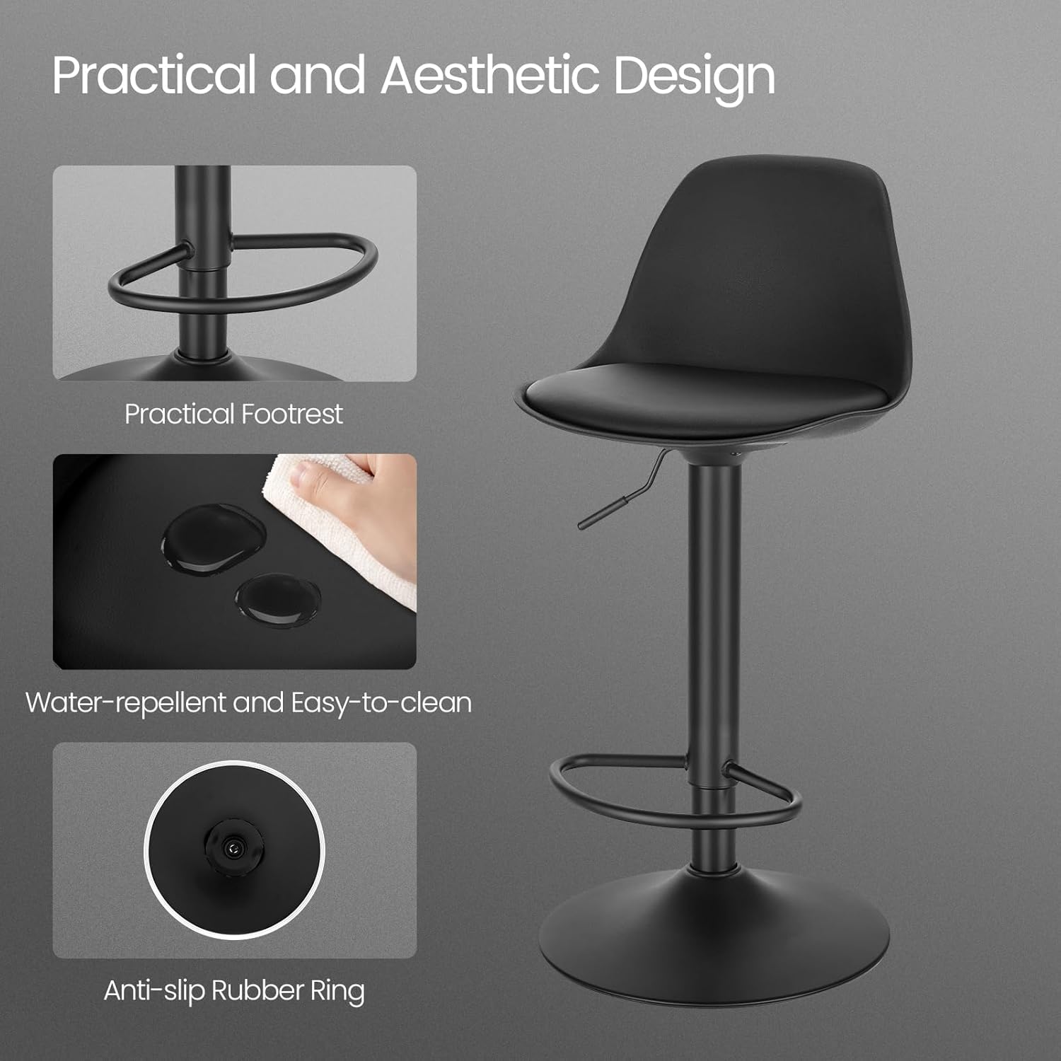 Close-up of bar stool features including footrest, water-repellent surface, and anti-slip ring