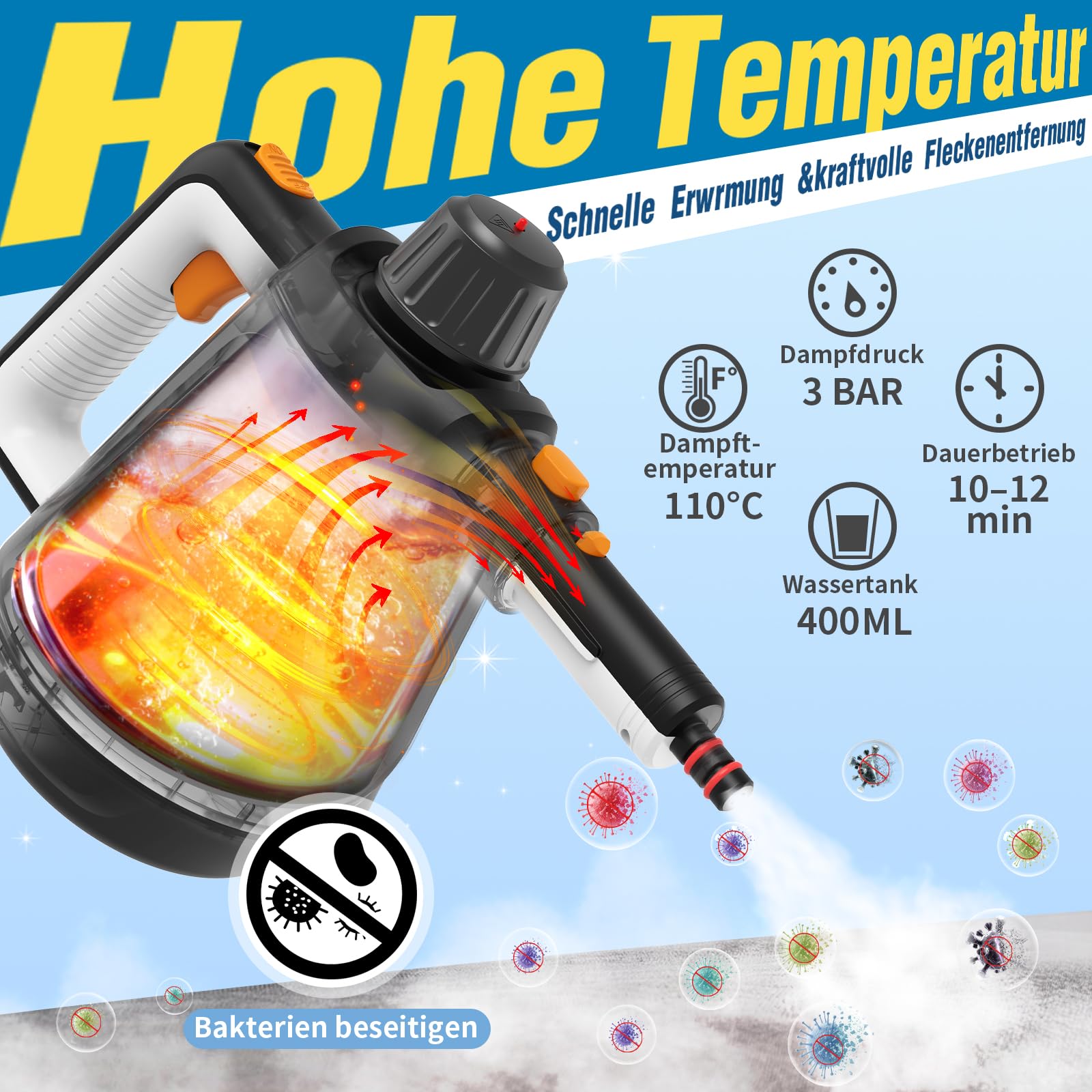 Dampfreiniger Handgerät, 110℃ Steam Cleaner zur effizienten Reinigung, vielseitiger Dampfreiniger für Alles mit 10 Aufsätzen & 5m Netzkabel, Handdampfreiniger für Sofas, Teppiche, Fugen, Fettspuren,WT