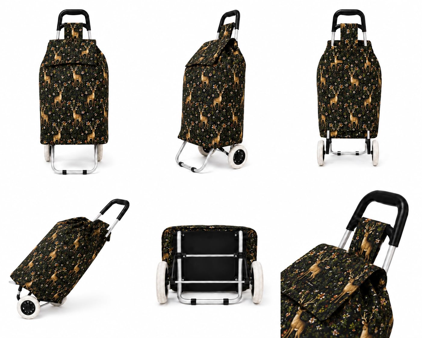 Two Wheeler Shopping Trolley on Wheels, 57L Foldable Large Capacity 2 Wheel Grocery Granny Cart with Secure Lid Shopping Bags for the Elderly, Laundry, 30kg Limit (Deer Black)
