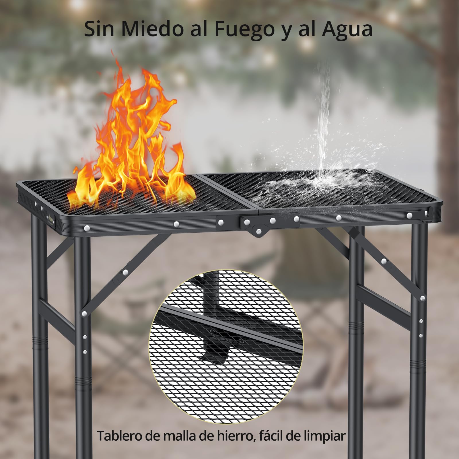 Anbte Mesa Camping Plegable 60x40x27/51/74.7cm Mesa de Parrilla 3 Alturas Ajustables con Tablero de Malla Resistente al Calor Impermeable para Cocinar Barbacoa Picnic(Instalación Roscada)