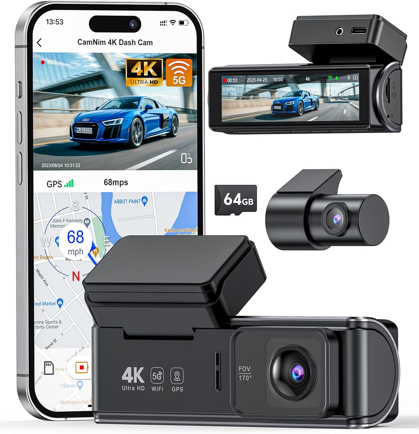 Dash Cam Front and Rear 4K+1080P, Dual Camera Dashcam Built-in 5GHz/2.4GHz WiFi GPS for Car 24H Parking Mode with WDR Night Vision Loop Recording 170° View Angle APP Control and Free 64GB SD Card