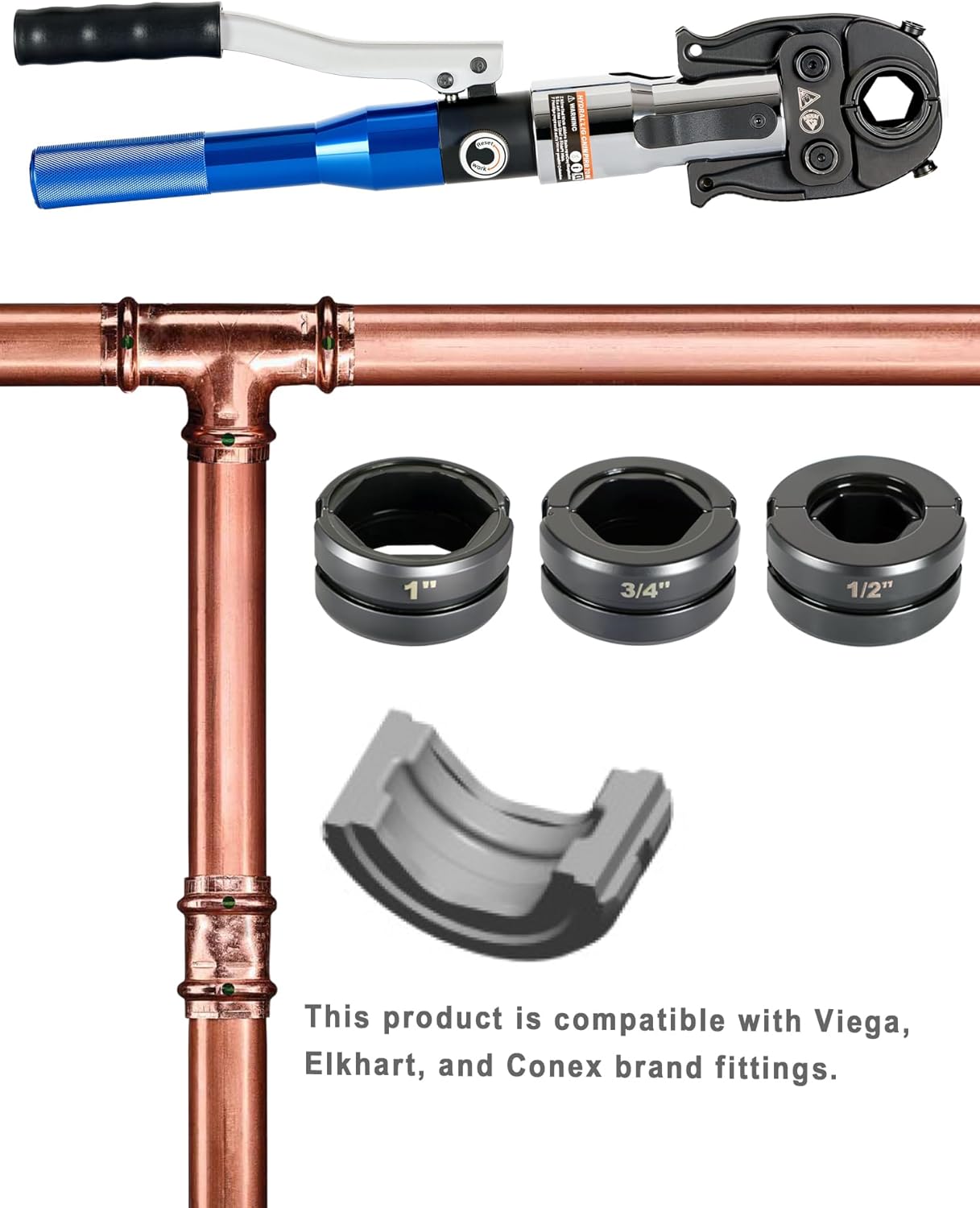 AMZCNC ProPress Tool Kit,Copper Tube Fittings Hydraulic Pipe Crimping Tool with 1/2 inch,3/4 inch and 1 inch Jaw Copper Pipe Press Crimpers Pressing Pliers,Suit for Narrow Space and Tee Fitting