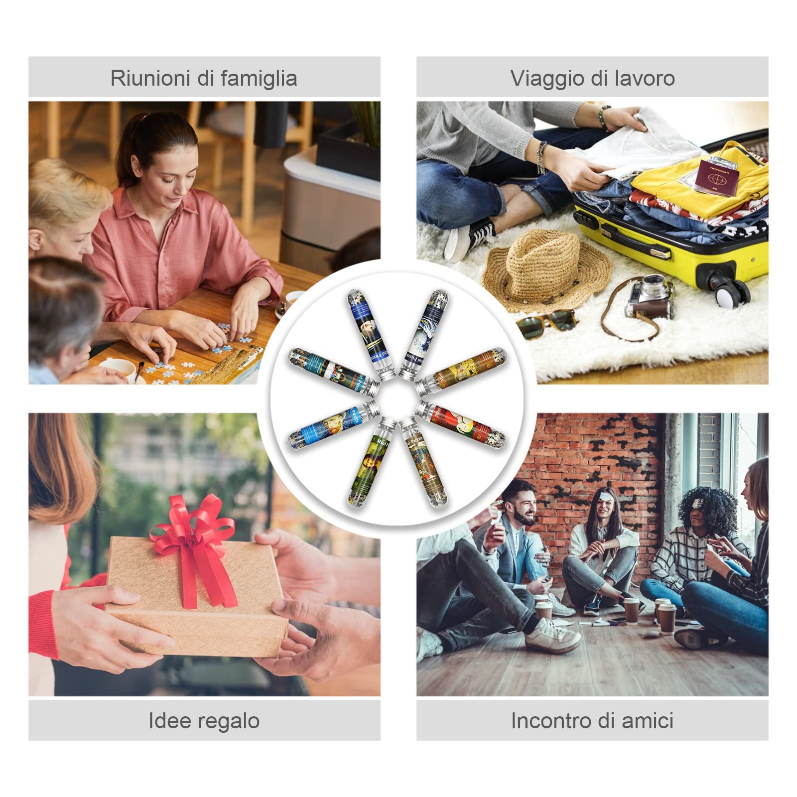 Mini Puzzle per Adulti Confezione da 8 – 234 Pezzi Ciascuno Micro Puzzle Impegnativo in Provetta, Puzzle Tascabile da Viaggio, Idea Regalo, 10x15 cm