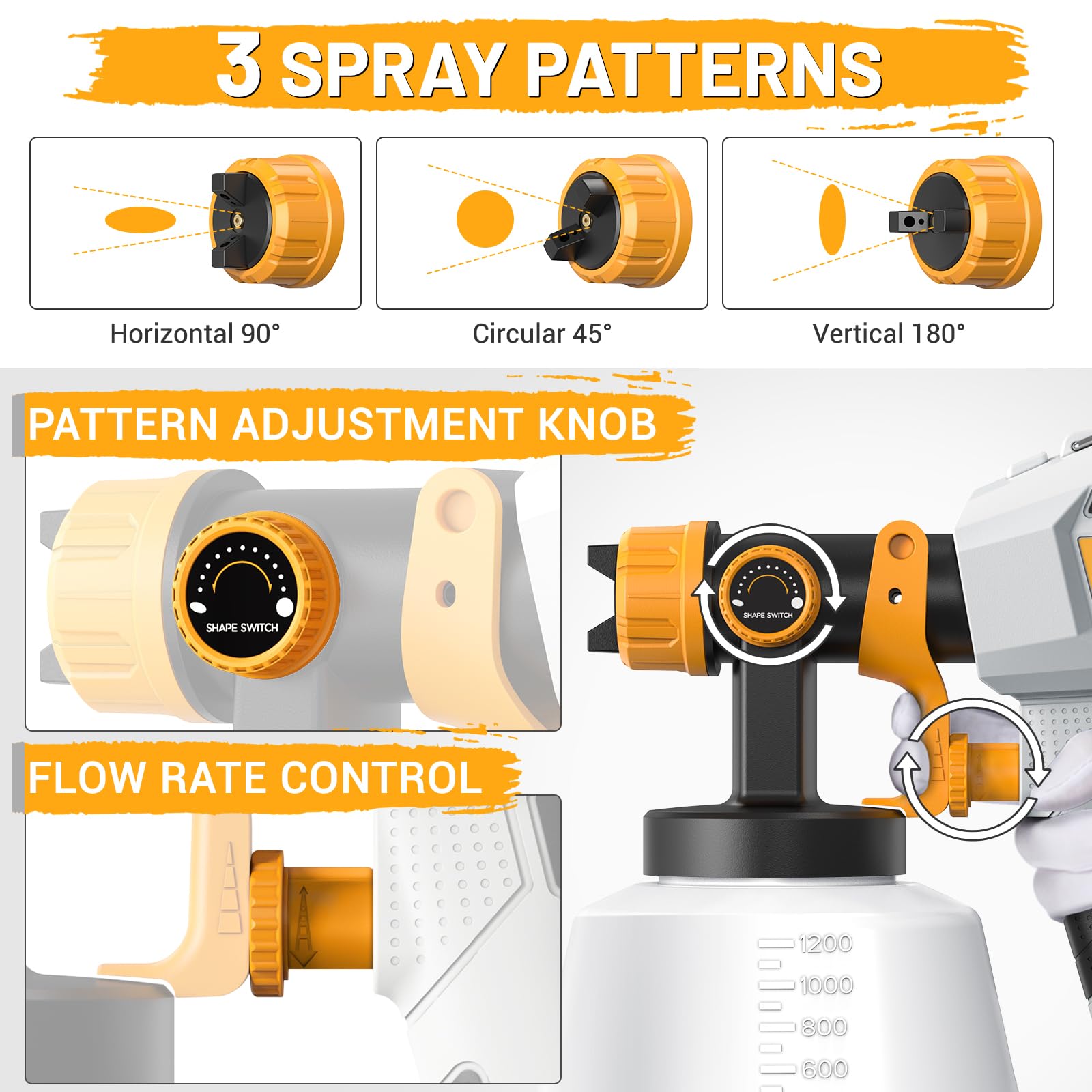 Pulverizador de pintura HVLP de 700 W, pistola de pintura eléctrica, contenedor de alta capacidad de 1200 ml, fácil de limpiar, 5 boquillas de latón y 3 patrones, para muebles, armarios, vallas,