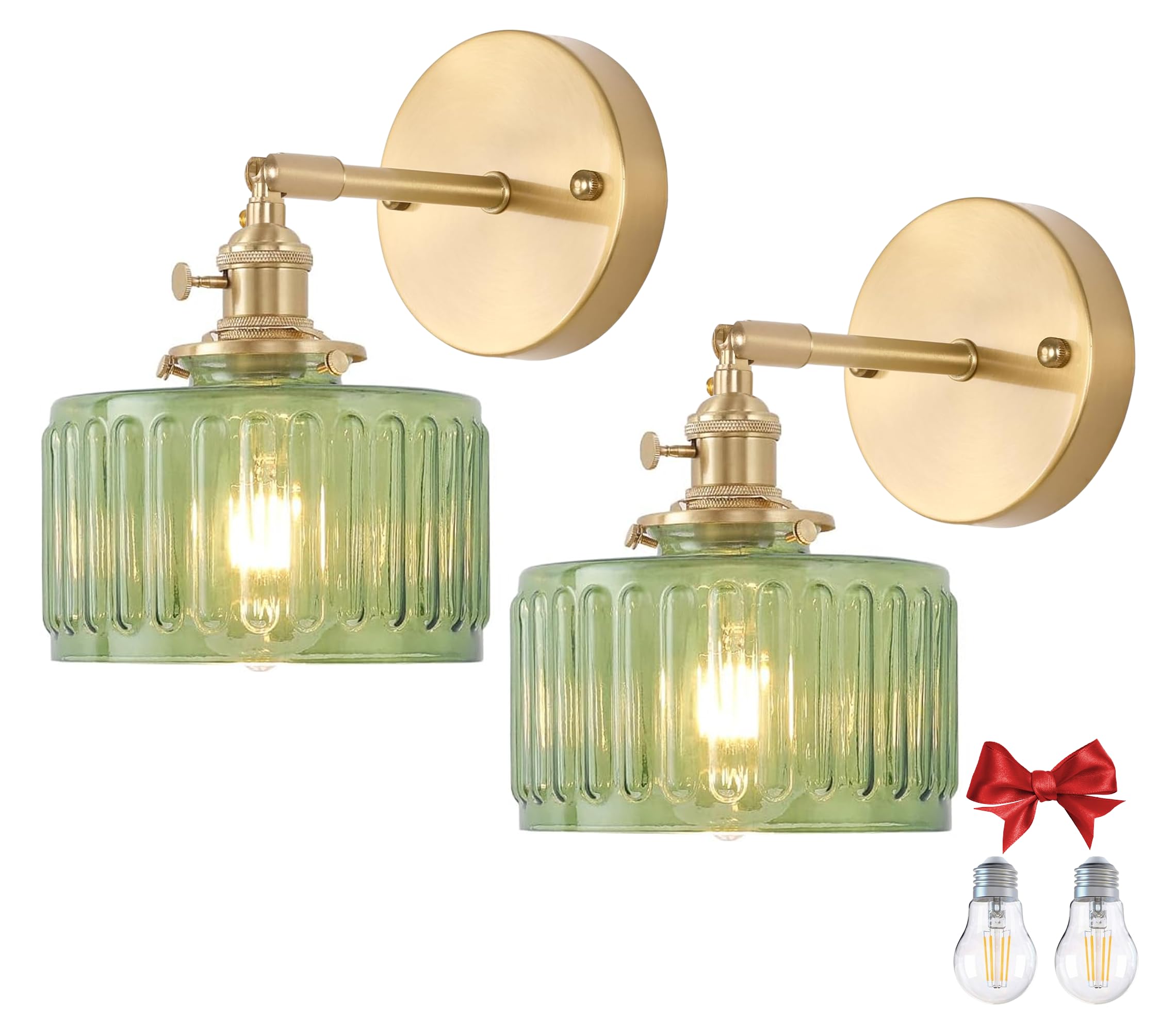 Bravsekai 2 Pack Vintage Wall Sconces, Striped Glass Shade Wall Lamp with 2 Natural Light Bulbs, Hardwired Design with Rotary Switch, Decorative Light for Bedroom Hallway Living Room