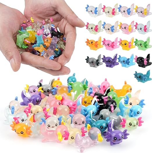 BuQiuRen 34pcs Mini Resin Axolotl, Glow in The Dark Tiny Axolotl Miniature Figures Toy Tiny Plastic Animal Figurines for Fairy Garden Landscape Aquarium Potted Birthday Christmas Party Decorations