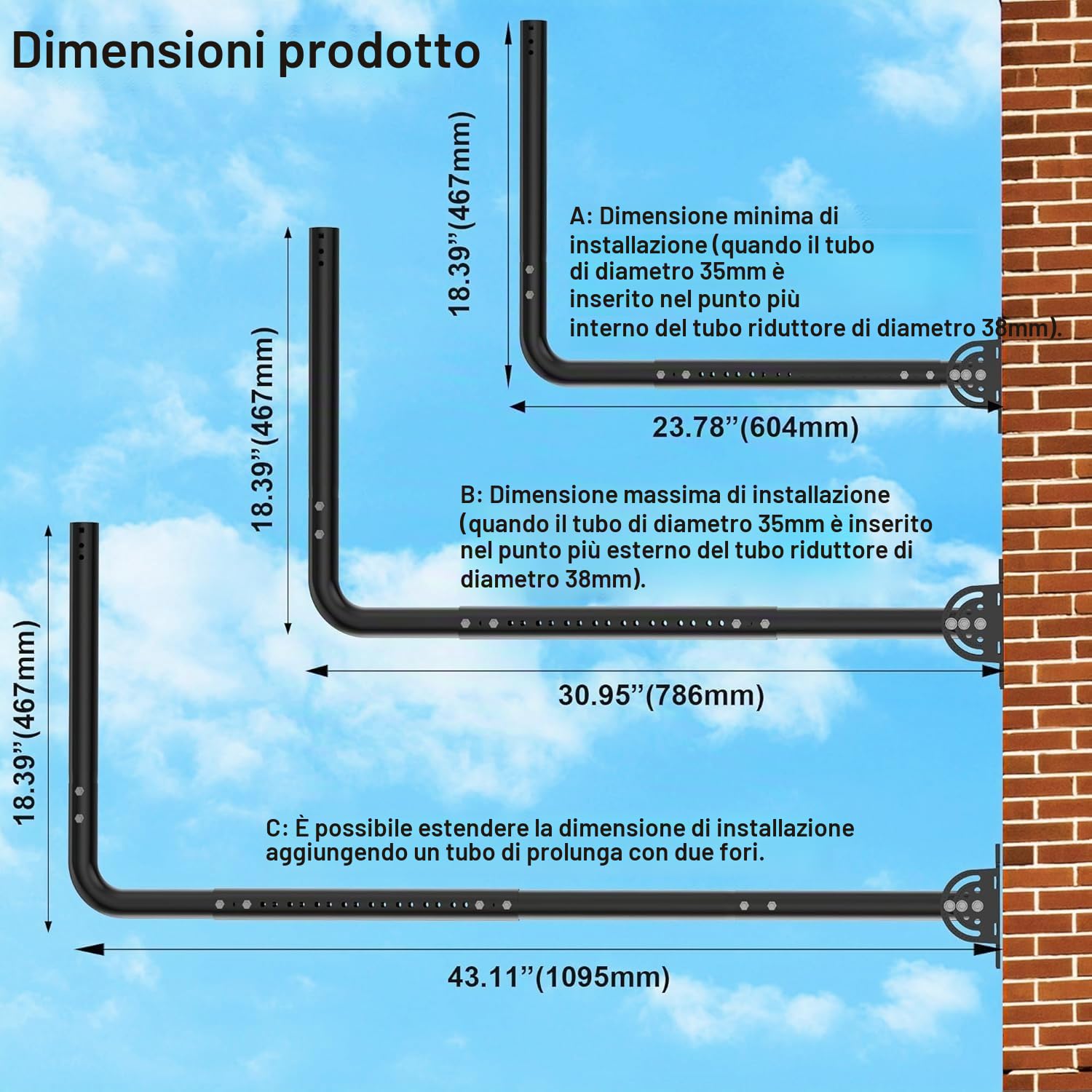 Staffa a muro per antenna a palo regolabile, con gomito a 90°, tubo di prolunga e dadi di fissaggio. Adatta per antenne TV esterne e amplificatori WiFi Star link (nero)