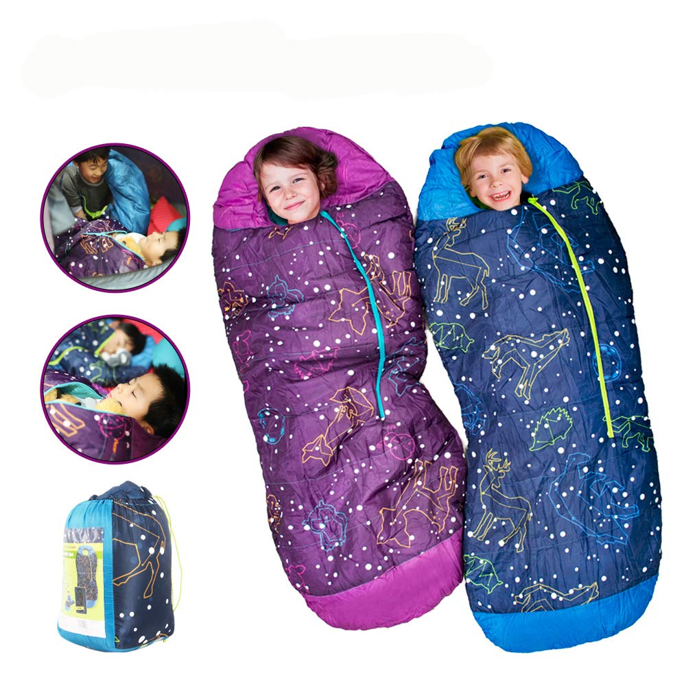 Amazoncom Acecamp Kids Sleeping Bags For Boys Girls Glow In The Dark Sleeping Bag Blue Purple Mummy Style Toddler Extreme Temp Rating 30f 1c Great For Slumber Party Travel Camping Blue Kids Toys Games