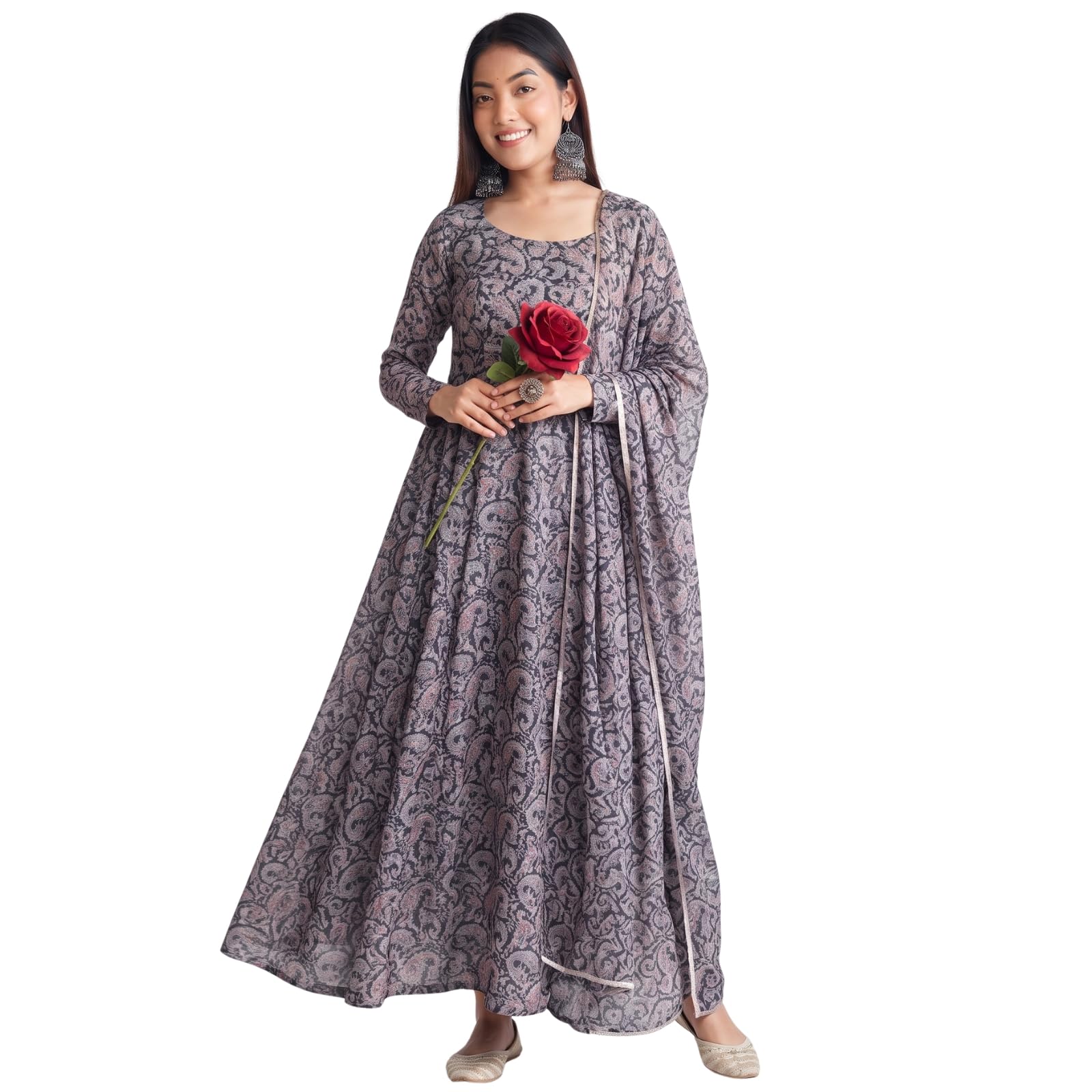 dream crushers Women's Floral Printed Georgette Anarkali Fit Long Sleeves Lightweight Ethnic Wear Gown + Dupatta Set (H_F_00011_Maroon_Small)-picture-11