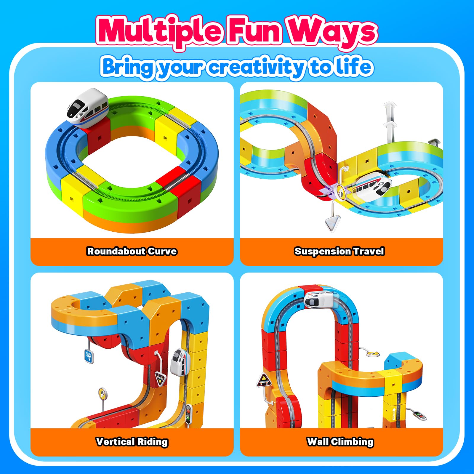 Goody King Eisenbahn Kinder Elektrisch 110 Teile - 3D Magnetbahn mit Verkehrszeichen - DIY Cube Track & Enthält Züge - Kreatives Konstruktionsspielzeug Geschenk für Kinder ab 4-12 Jahren