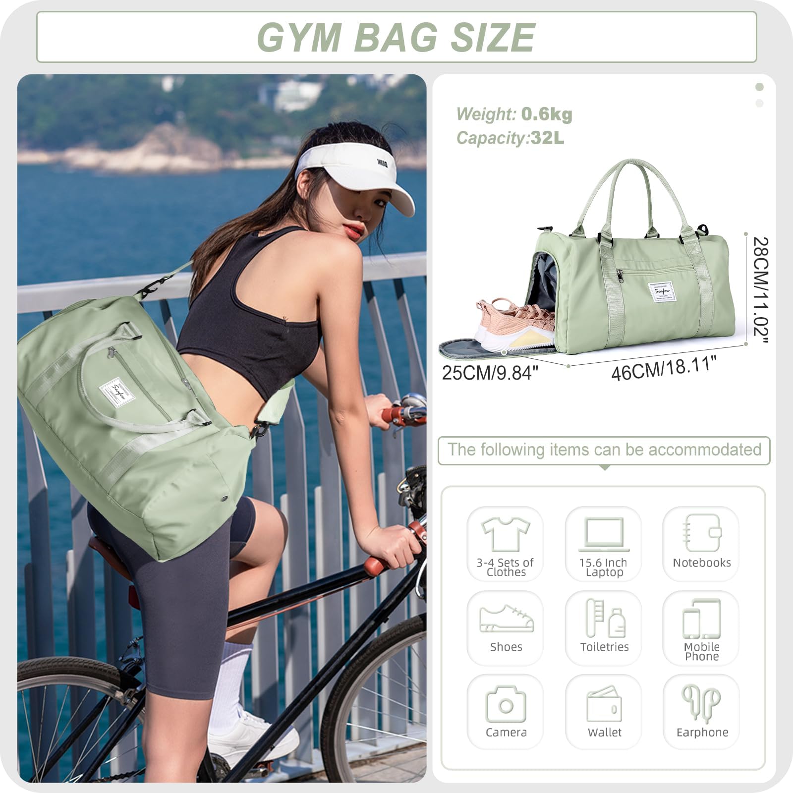 HYC00 Borsone Palestra Donna Uomo con Scomparto Scarpe Borsone da Viaggio Sportivo Borse da Palestra Grande per Donna Borsa Piscina Fitness Borsa per Ospedale Weekend Duffel Bag per Yoga,Erba Verde