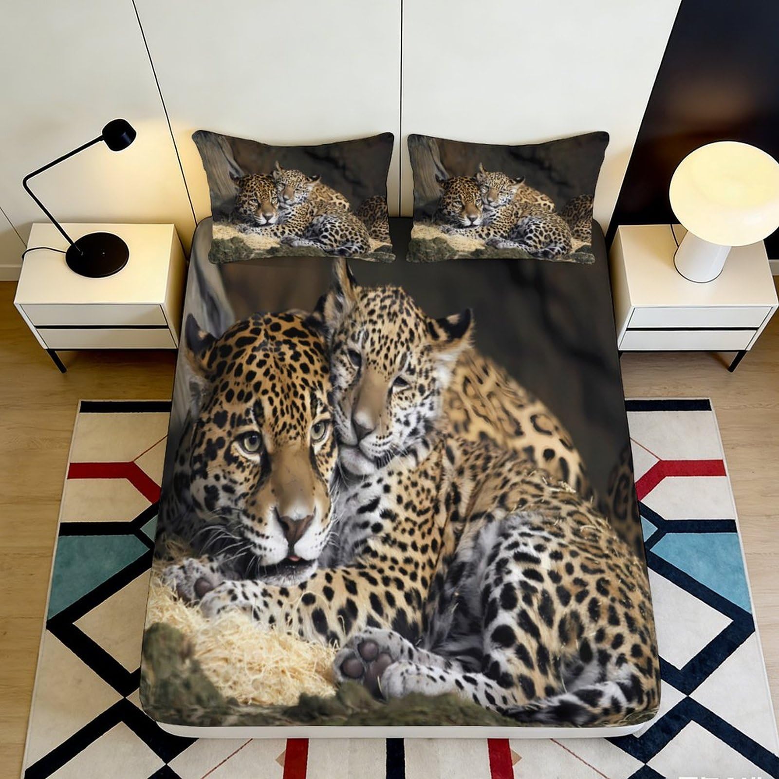 3D Printed Jaguar Animal Fitted Sheet Microfiber Soft Breathable Leopard Bed Cover for Bedroom Dormitory Guest Room Mattress Protection Decor 180x200x25cm