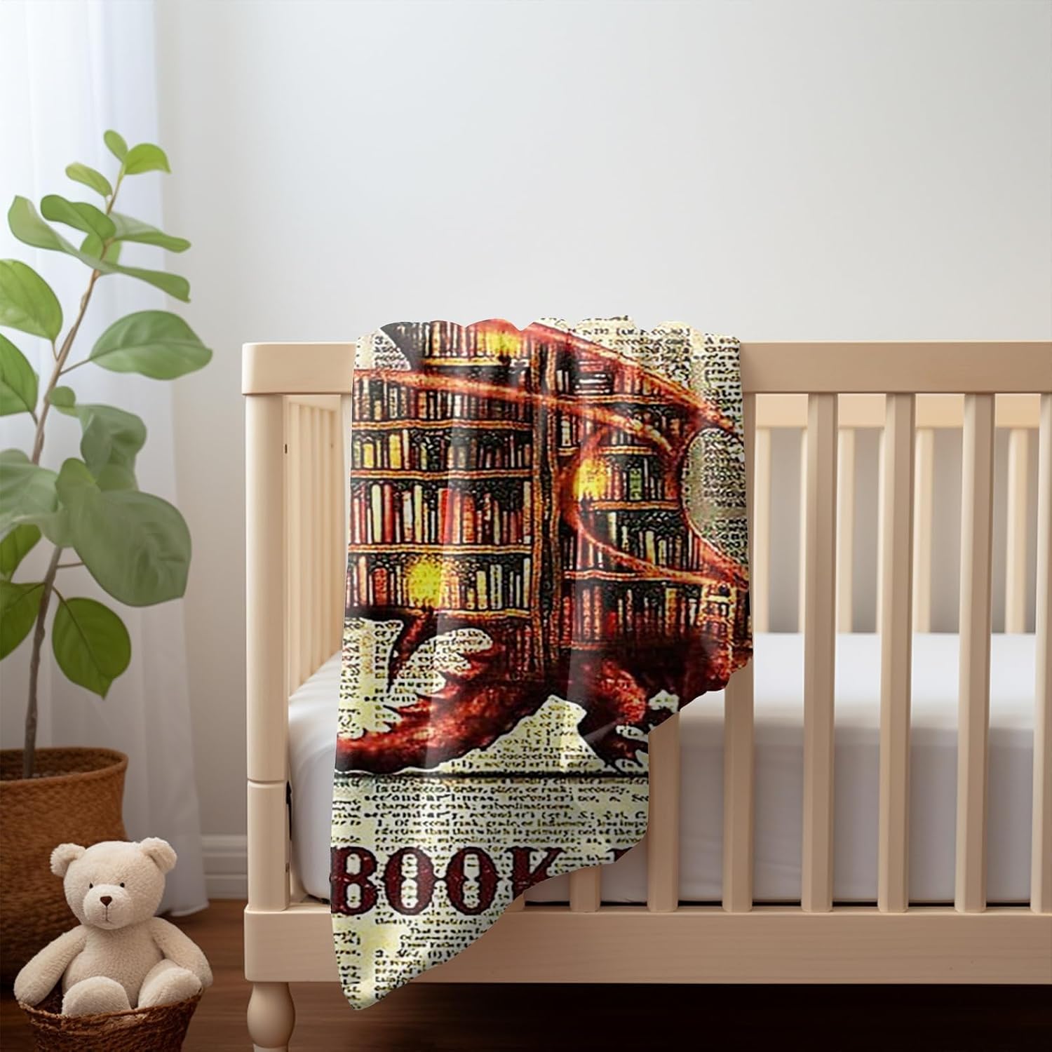 Book Dragon Fleece Blanket Cozy Throw for Book Lovers, Vintage Dragon Design on Text Background, Warm and Soft Reading Blanket for Home, Couch, or Bed (L50 xW40)