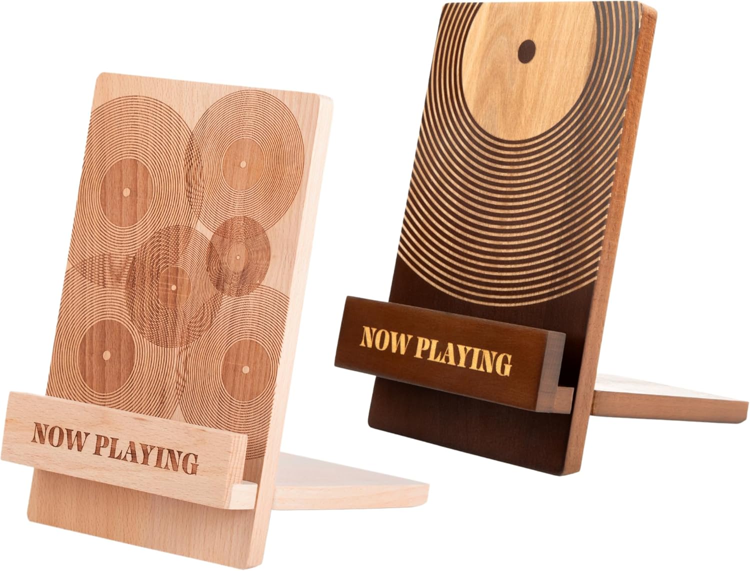 Sonny & Sloane Now Playing Vinyl Record Stand 2-Pack – Wood Record Holder Set with Classic & Groovy Designs – Display Your Favorite Albums – Unstained & Engraved Styles – Vinyl Accessories