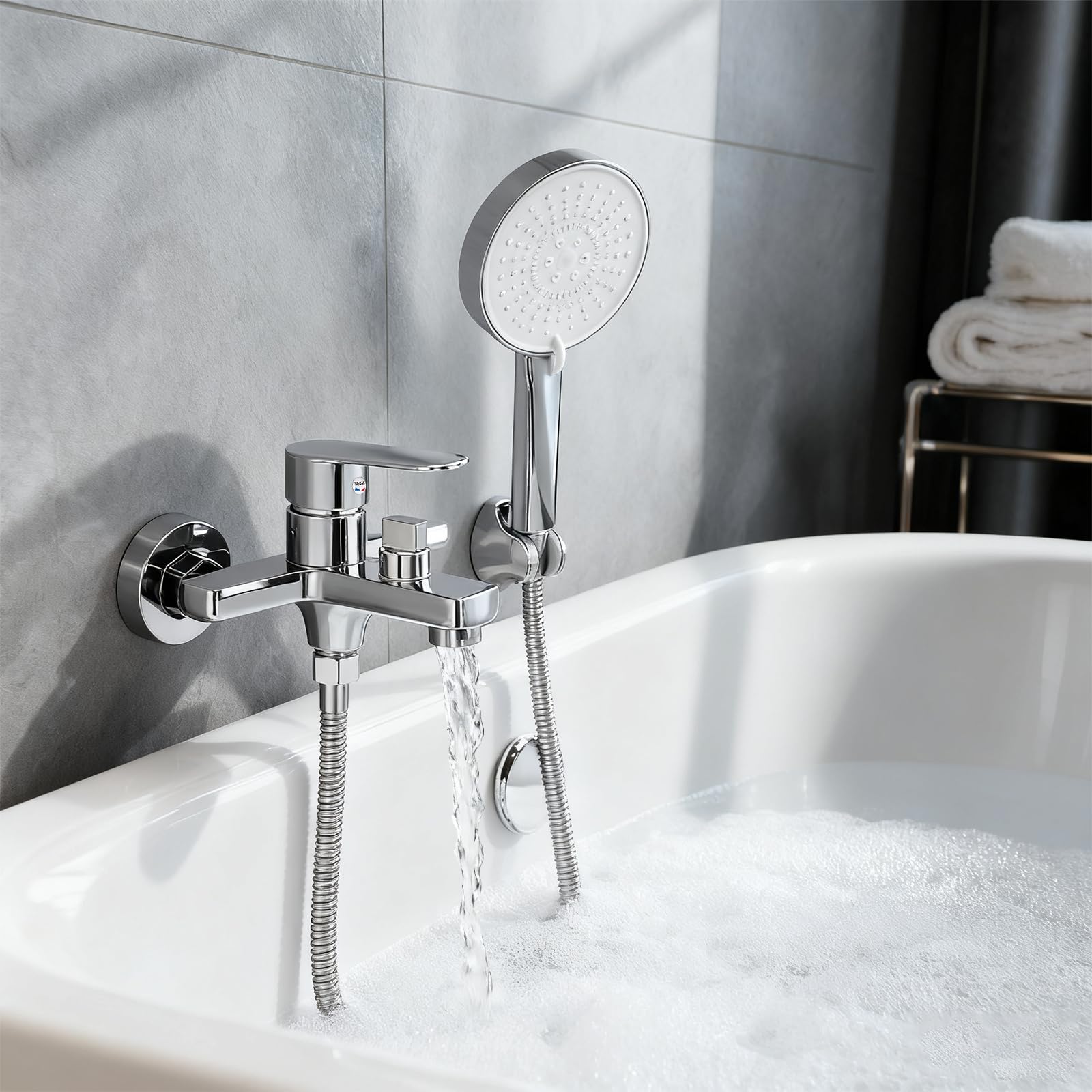 Mitigeur de Baignoire Robinet de Baignoire Laiton Mitigeur Bain avec Bouton Central Rotatif avec Douchette 5 Jets,Robinet de Bain Mitigeur de Bain Robinet de Douche Mural pour Salle de Bain(Chromé-Z)